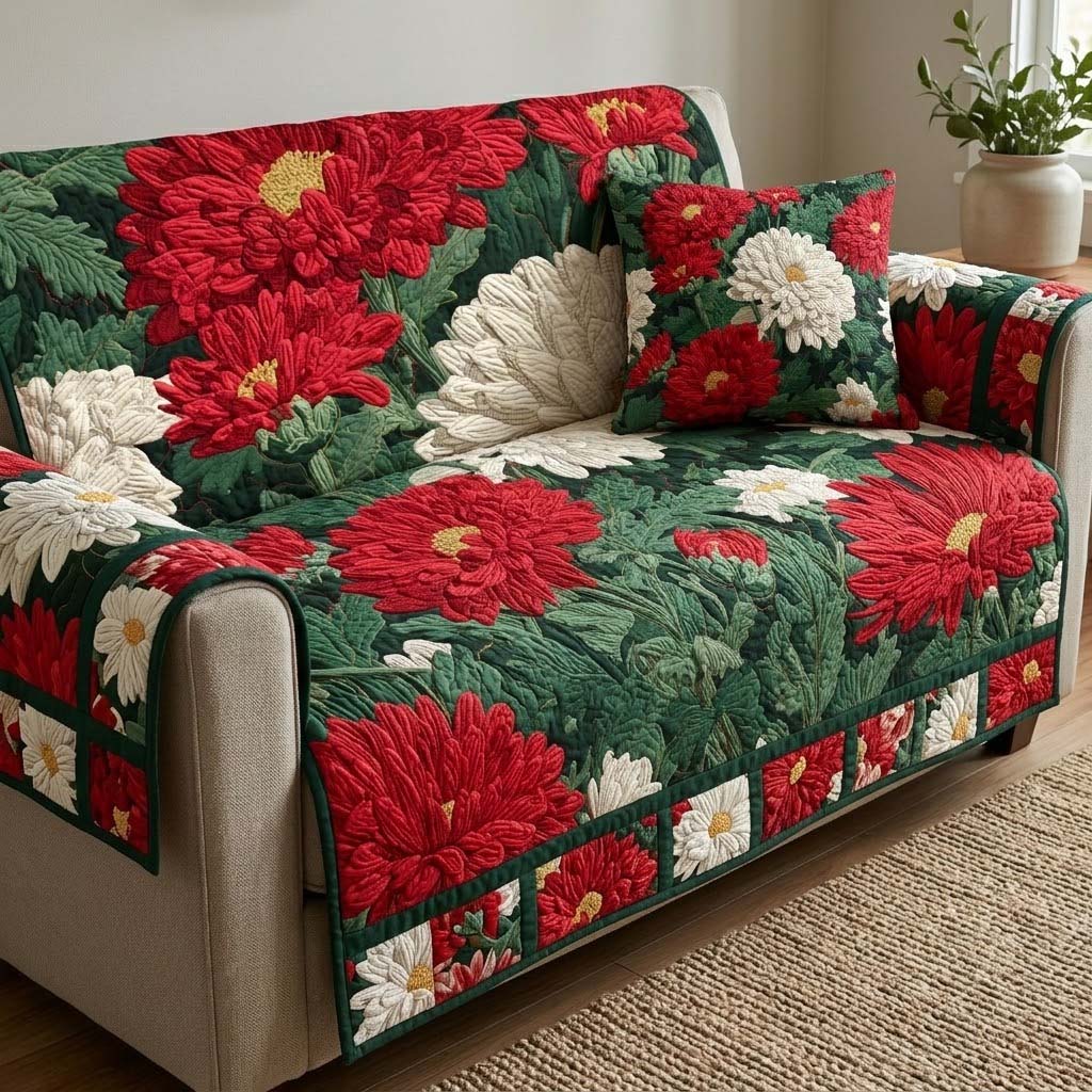 Crimson Mum Garden Quilted Sofa Cover Creative Home Room Decor Room Gift For Her - Tradiviet