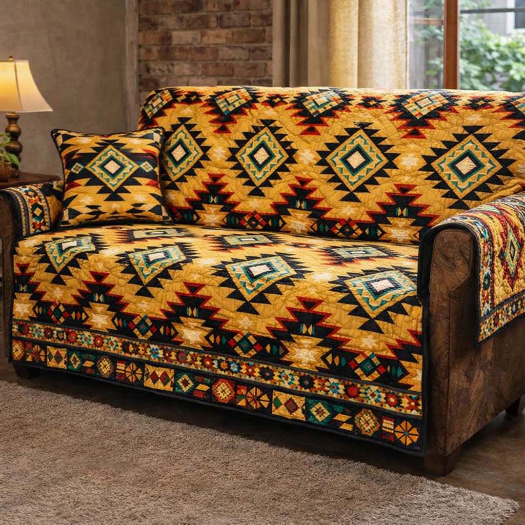 Crimson Tribal Rhythm Quilted Sofa Cover Tribal Home Couch Cover Gifts For Sun Lovers - Tradiviet