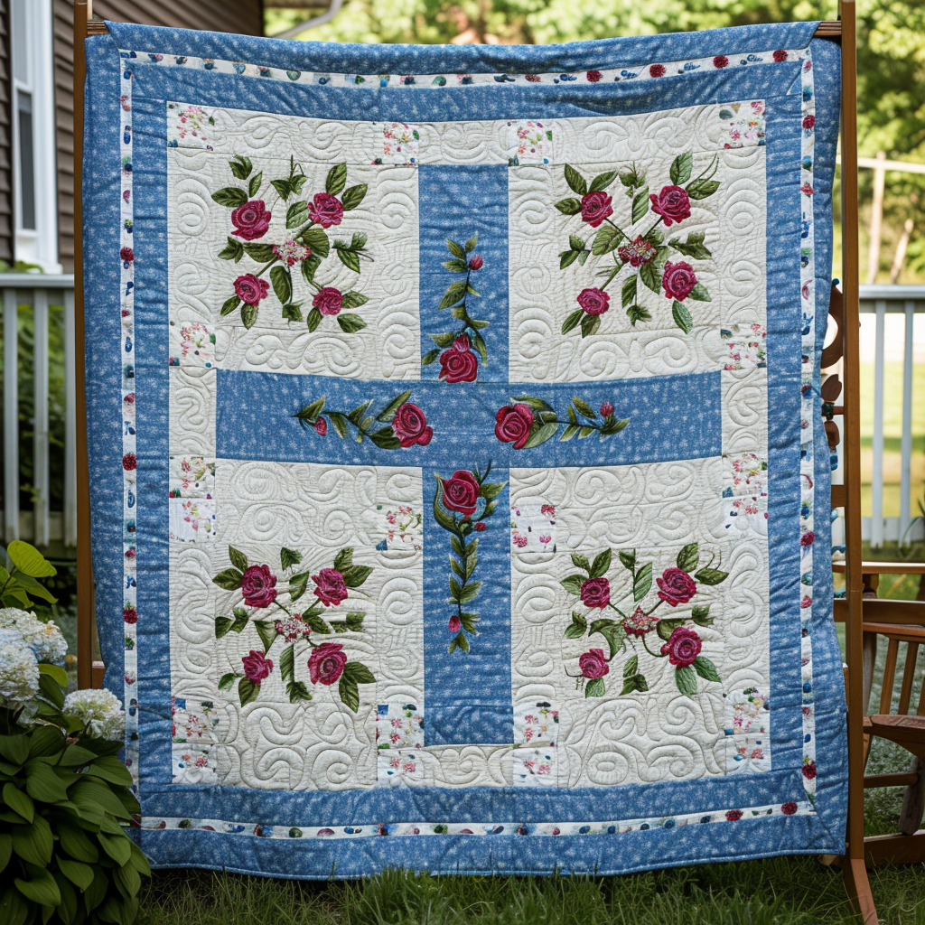 Cross And Roses Quilted Blanket 250 Years Of America Unique Patriotic Gifts - Tradiviet