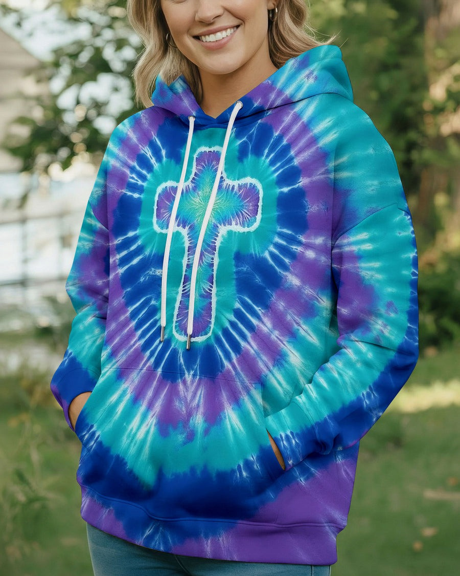 Cross Aura Of Grace Tie Dye Hoodie Women's Faith Based Apparel Best Gifts For Christian - Tradiviet