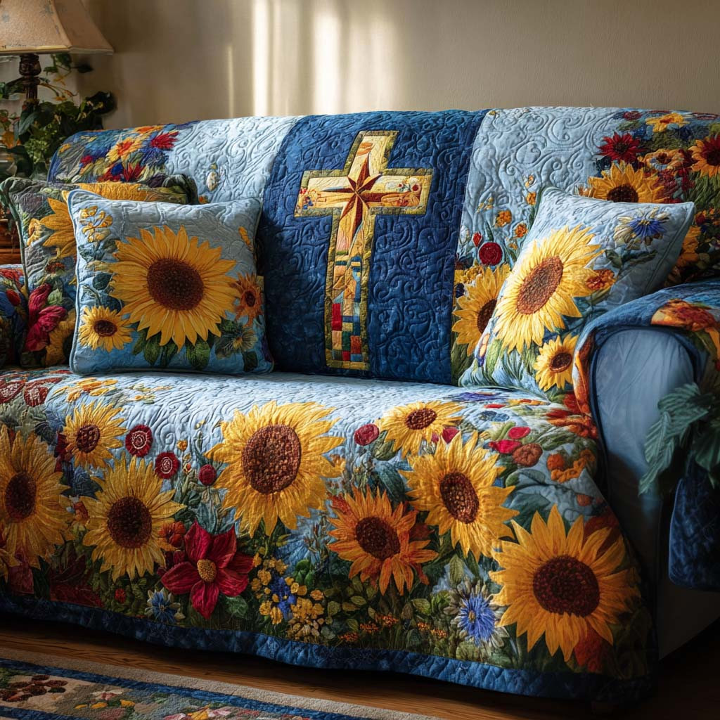 Cross of Peace Quilted Sofa Cover Best Sectional Couch Covers Christian Christmas Gifts - Tradiviet