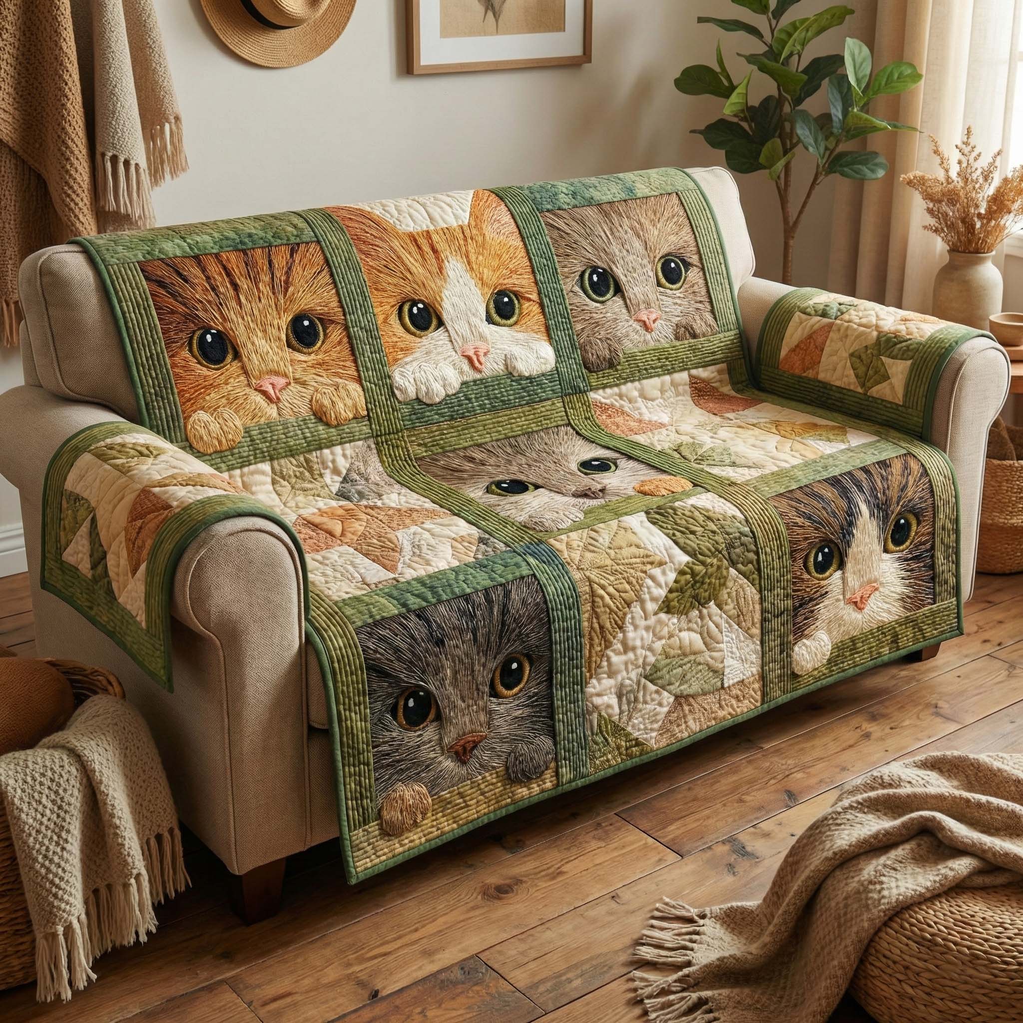 Curious Cats Quilted Sofa Cover Cat Home Couch Cover Gifts For House Lovers - Tradiviet