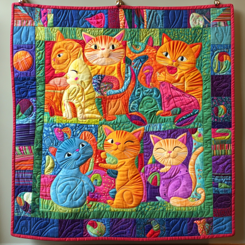 Cute Cat And Yarns Quilted Blanket Holiday Living Decorations Gift For Family Decor - Tradiviet