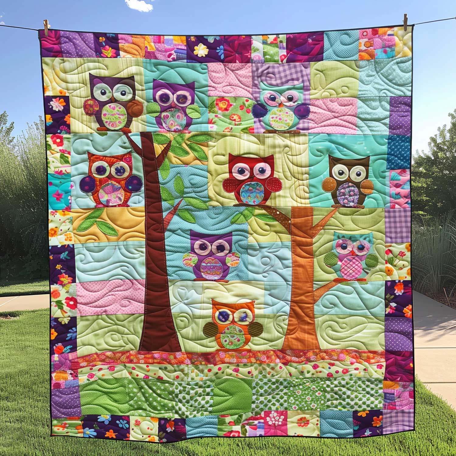 Cute Owl Tree Quilted Blanket Autumn Inspired Bedroom Patriotic Gift Ideas - Tradiviet