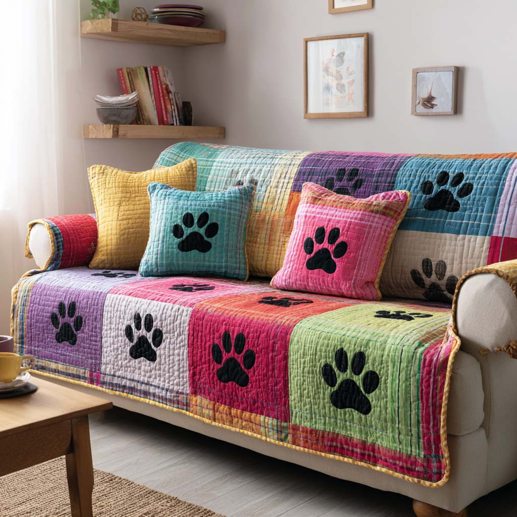 Cute Paw Quilted Sofa Cover Living Room Sofa Covers Dog Lover Gifts For Him - Tradiviet