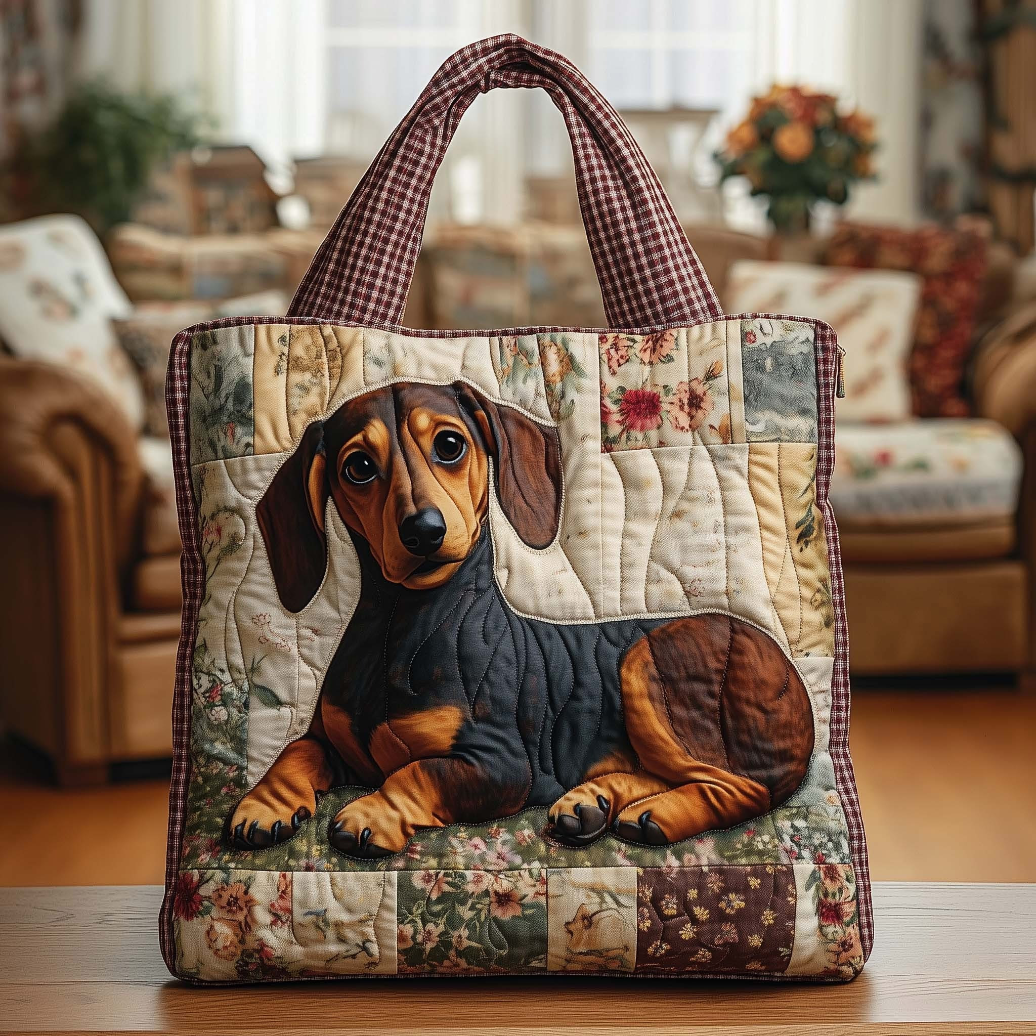 Dachshund Farmhouse Quilted Tote Bag Floral Cute Animal Merch Gifts For Dachshund Lovers - Tradiviet