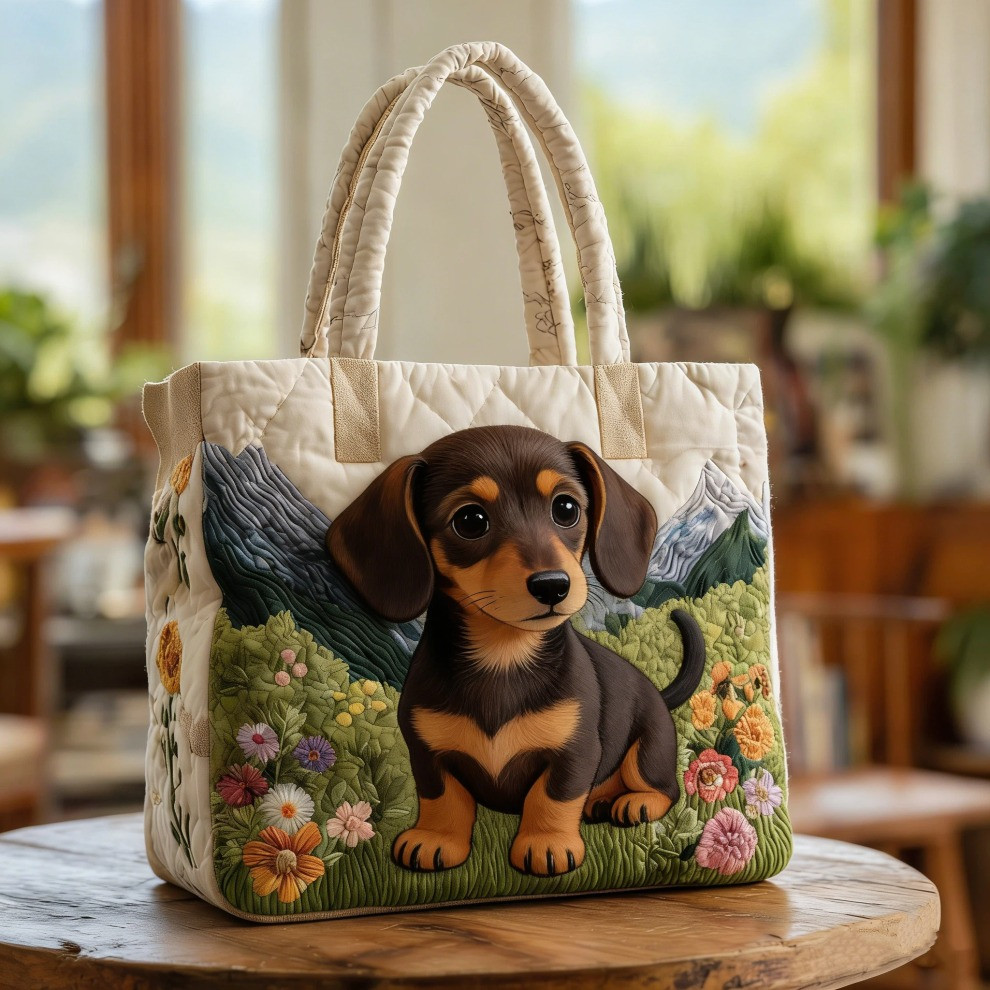 Dachshund Quilted Tote Bag Floral Cute Dog Tote Bag Sausage Dog Gift Ideas For Her - Tradiviet