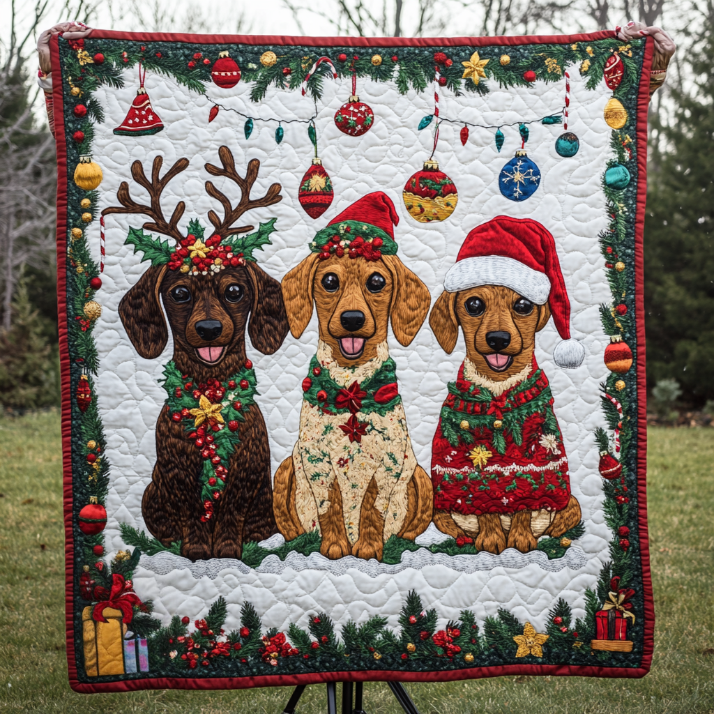 Dachshund Through the Snow Quilted Blanket America's 250 Birthday Gift For Dad - Tradiviet