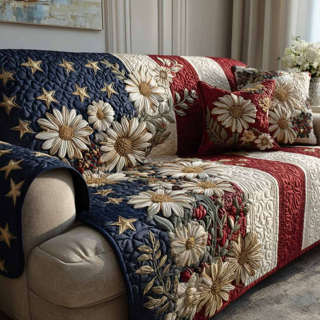 Daisy Americana Quilted Sofa Cover Furniture Couch Covers Unique Gifts For Mom - Tradiviet