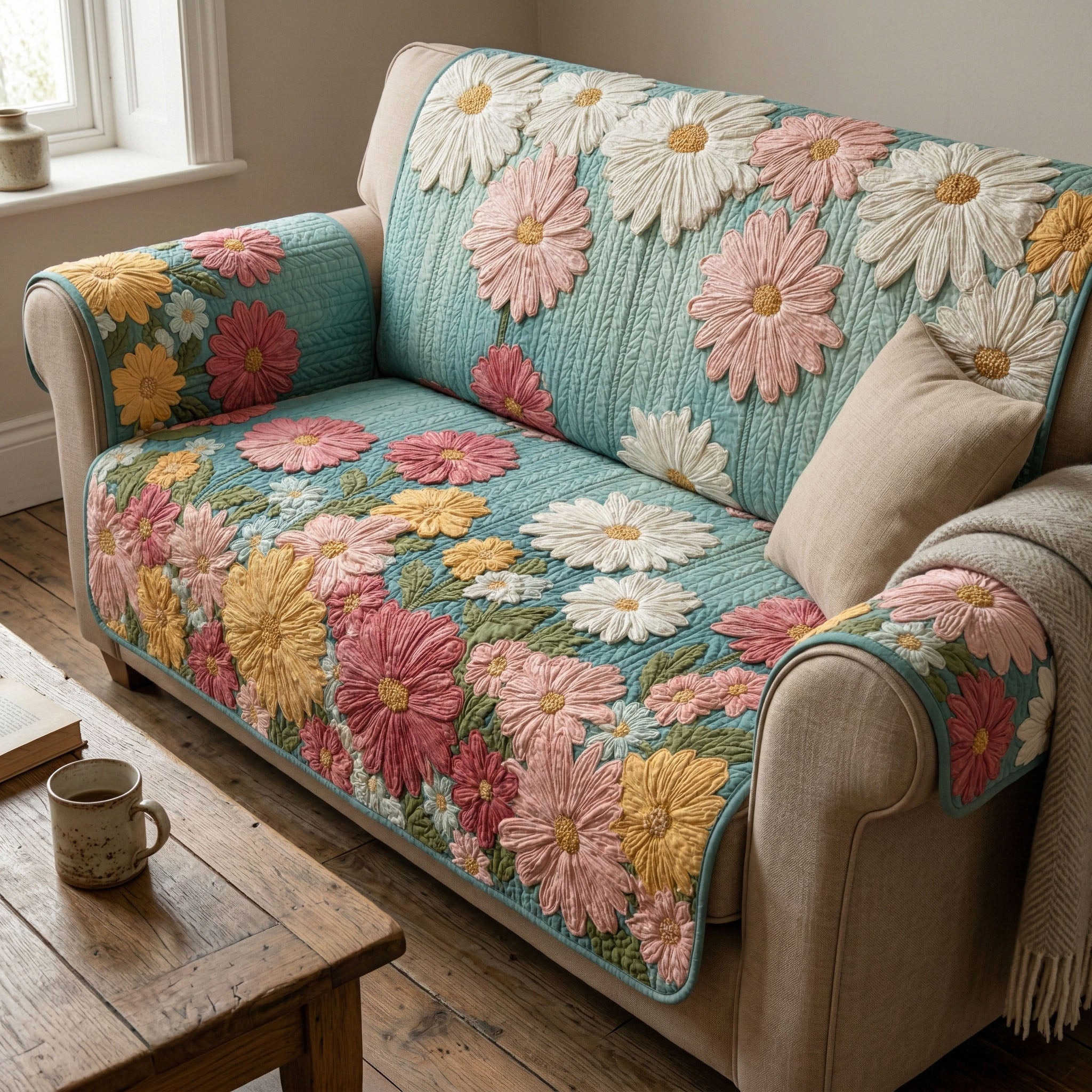 Daisy Bloom Quilted Sofa Cover Couch Covers For Couches Flower Daisy Blossom Gifts - Tradiviet
