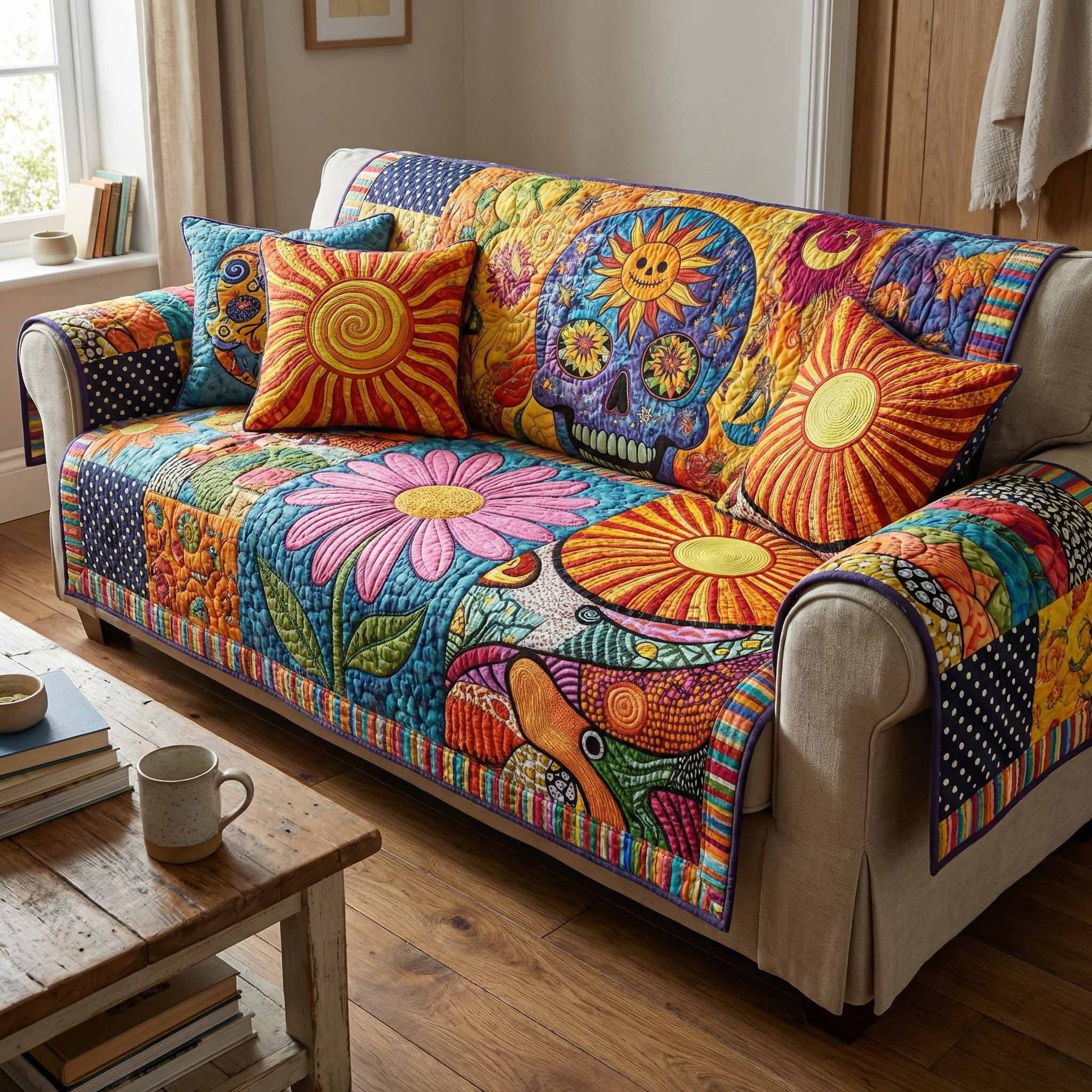 Daisy Burst Quilted Sofa Cover Pretty Sofa Covers Mother's Day Gifts - Tradiviet