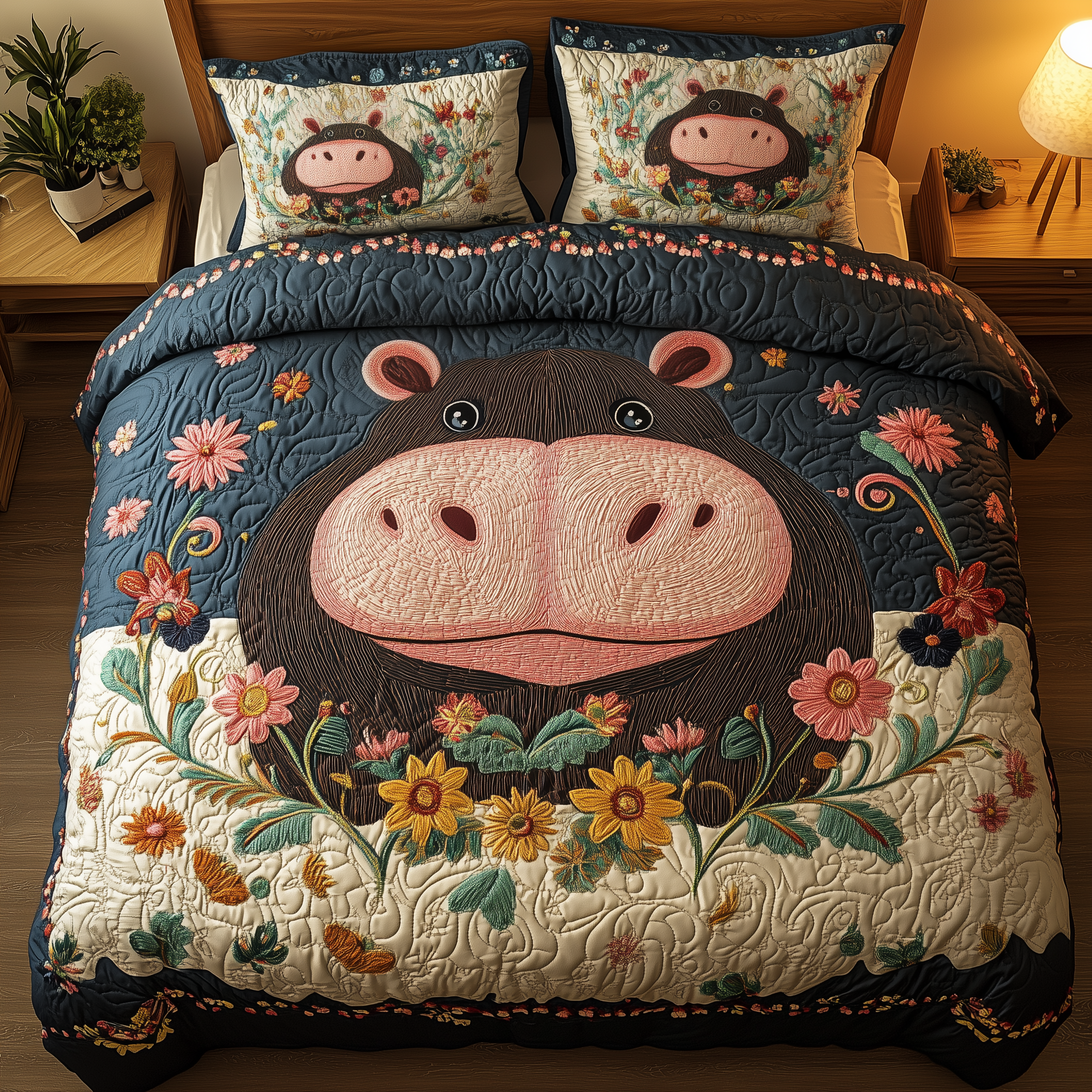 Daisy Dream Hippo Quilted Bedding Set Daisy Dream Artwork Gift For Daisy Dream - Tradiviet