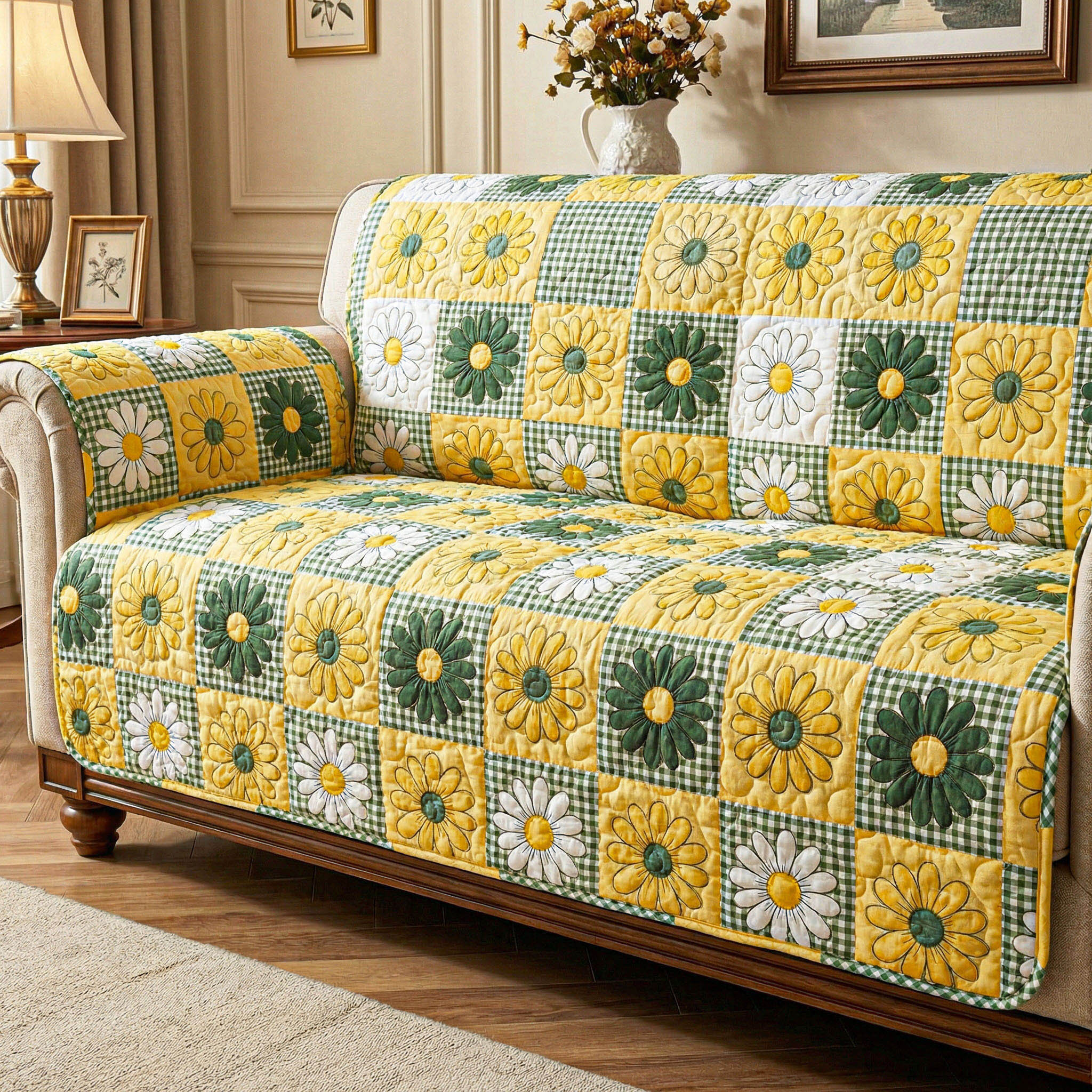 Daisy Meadow Quilted Sofa Cover Best Slip Cover Sofa Mother's Day Gift Ideas For Wife - Tradiviet