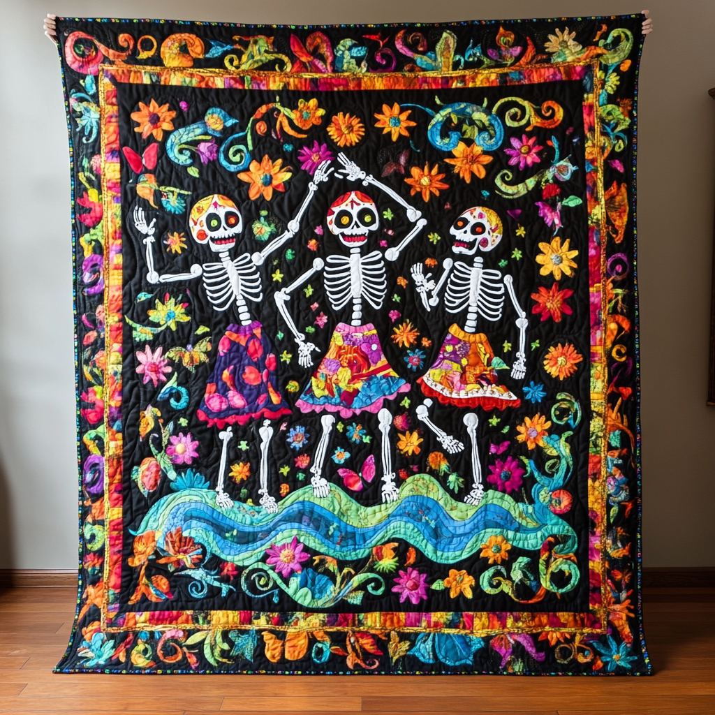Dancing Skeleton Floral Quilted Blanket USA 250 Years Of Liberty Gift For Him - Tradiviet