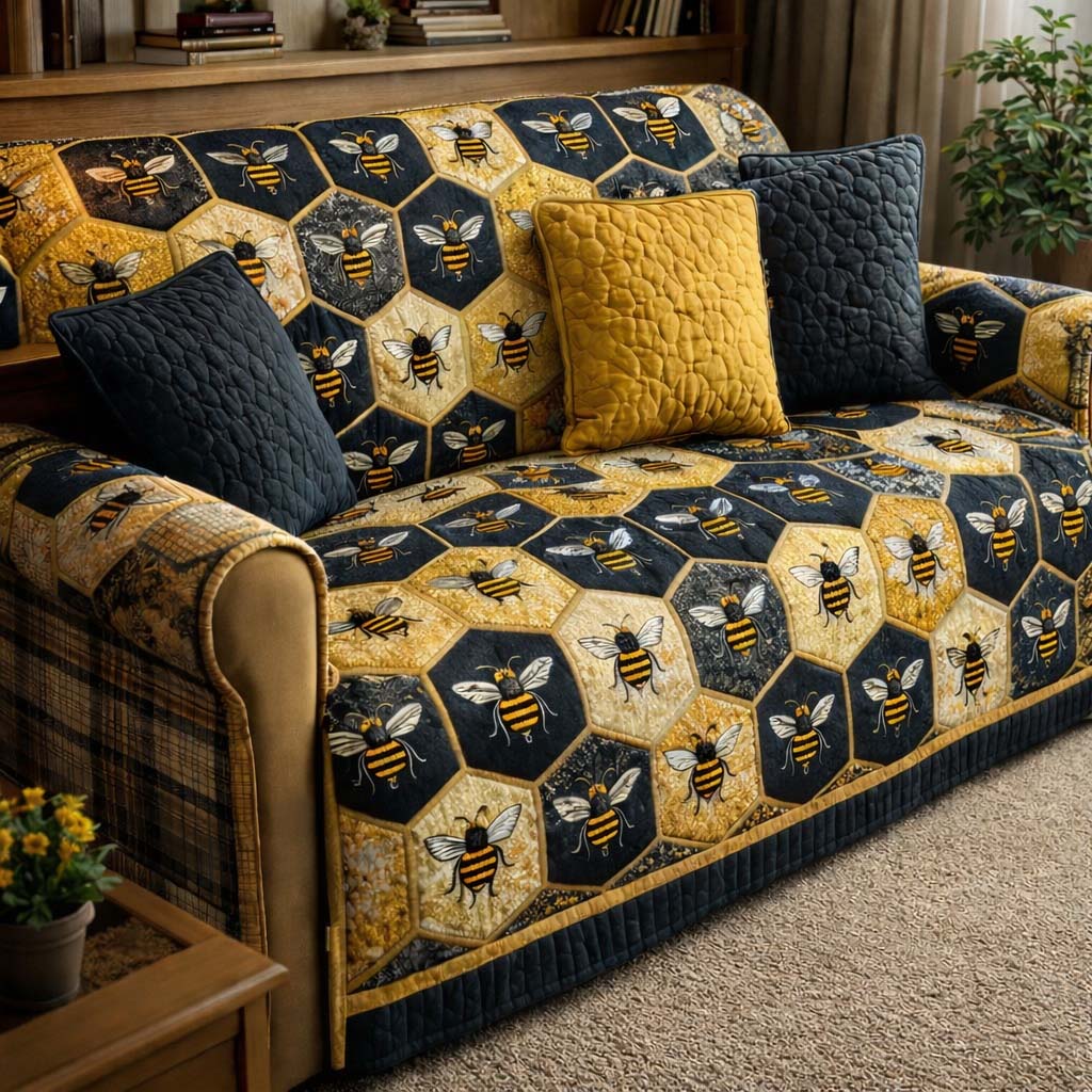 Dark Honeycomb Quilted Sofa Cover Garden Home Couch Cover Unique Room Decor Gifts - Tradiviet