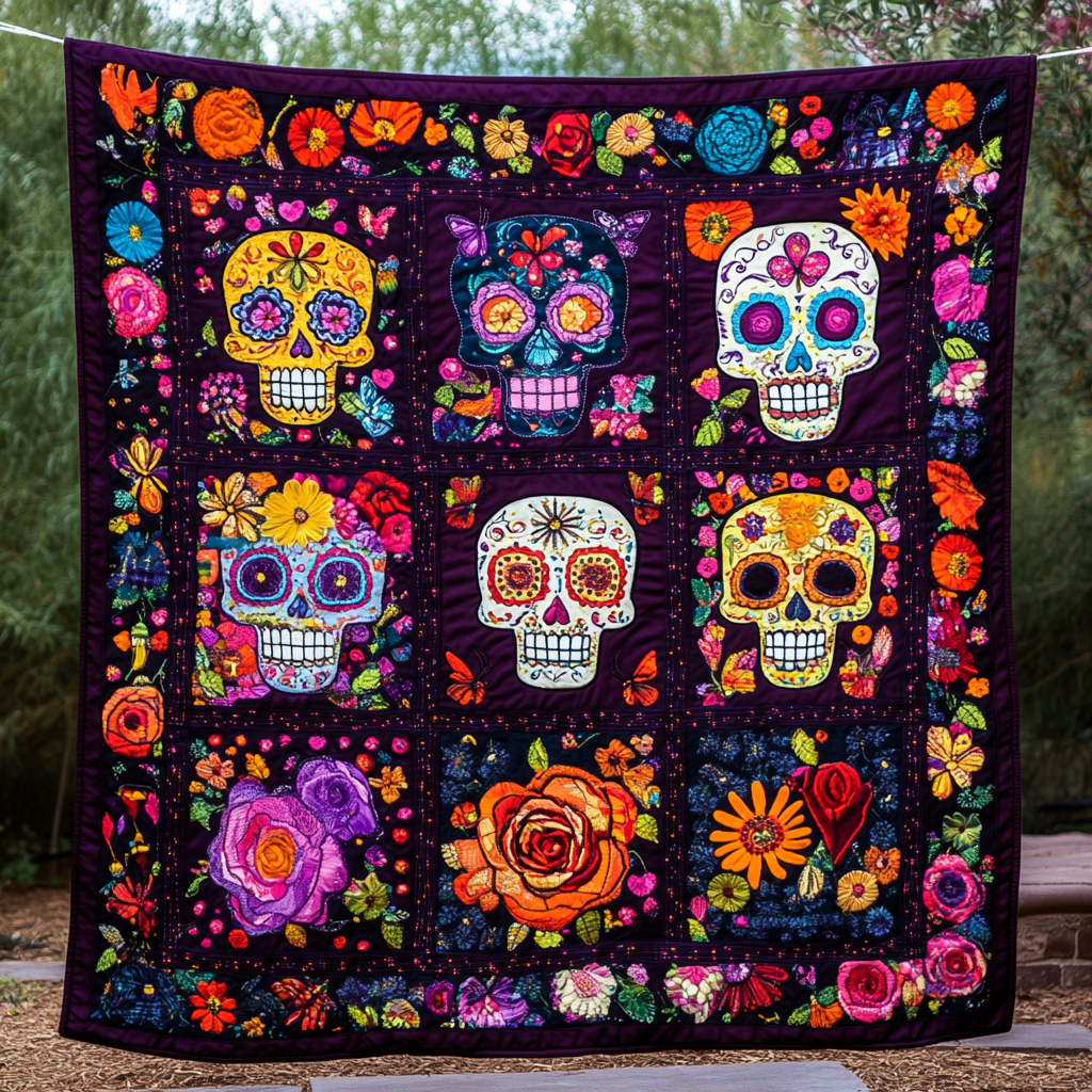 Day of the Dead Sugar Skull Quilted Blanket Living Room Decor Gift For Modern Decor - Tradiviet