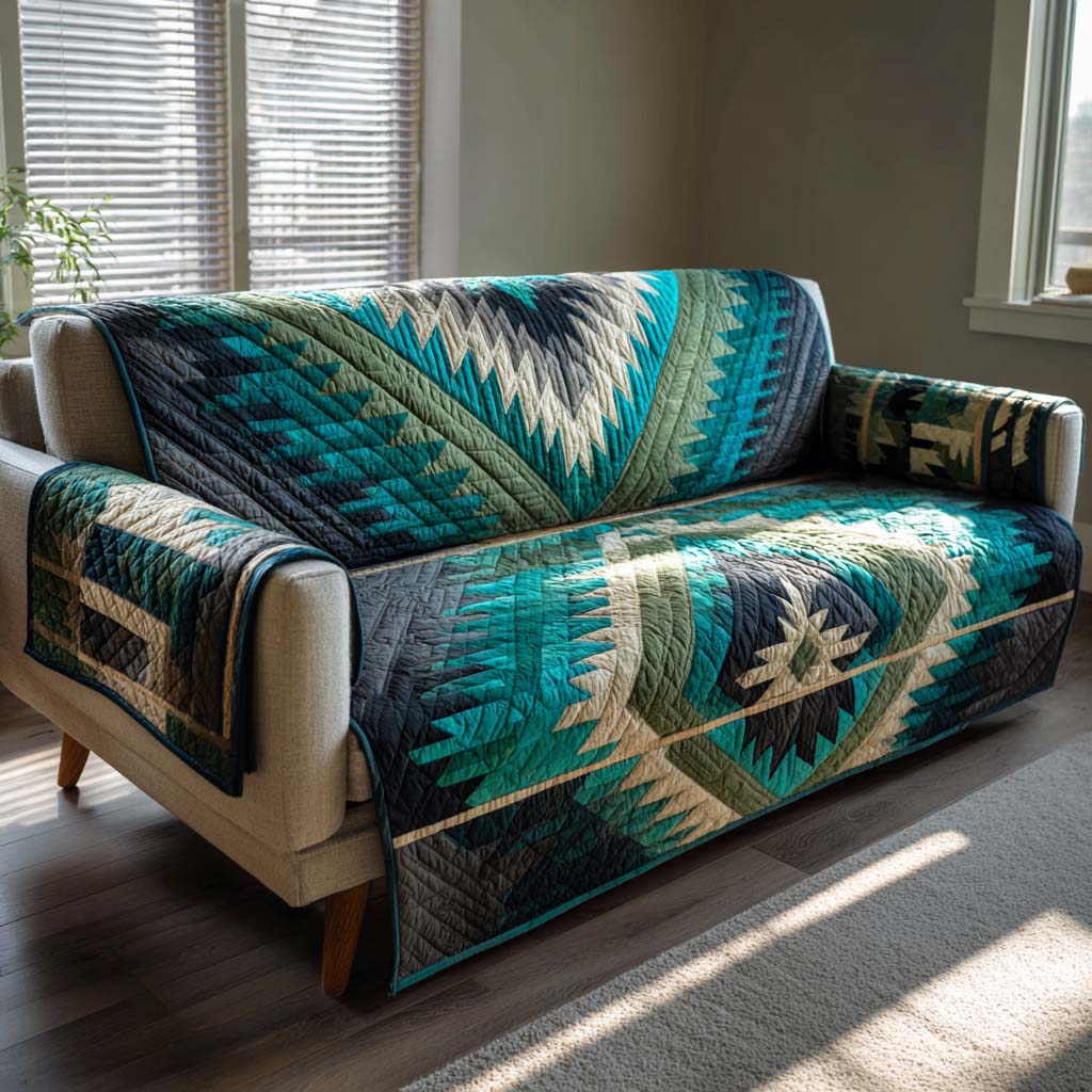 Deep Teal Canyon Motif Quilted Sofa Cover Warm Home Room Decor Best Home Decor Gifts - Tradiviet
