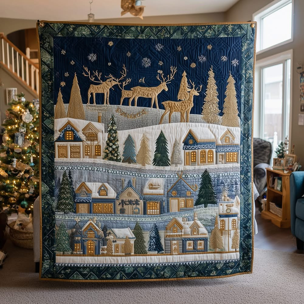 Deer Christmas Town Quilted Blanket Best Present Ideas For Family Cozy Xmas - Tradiviet