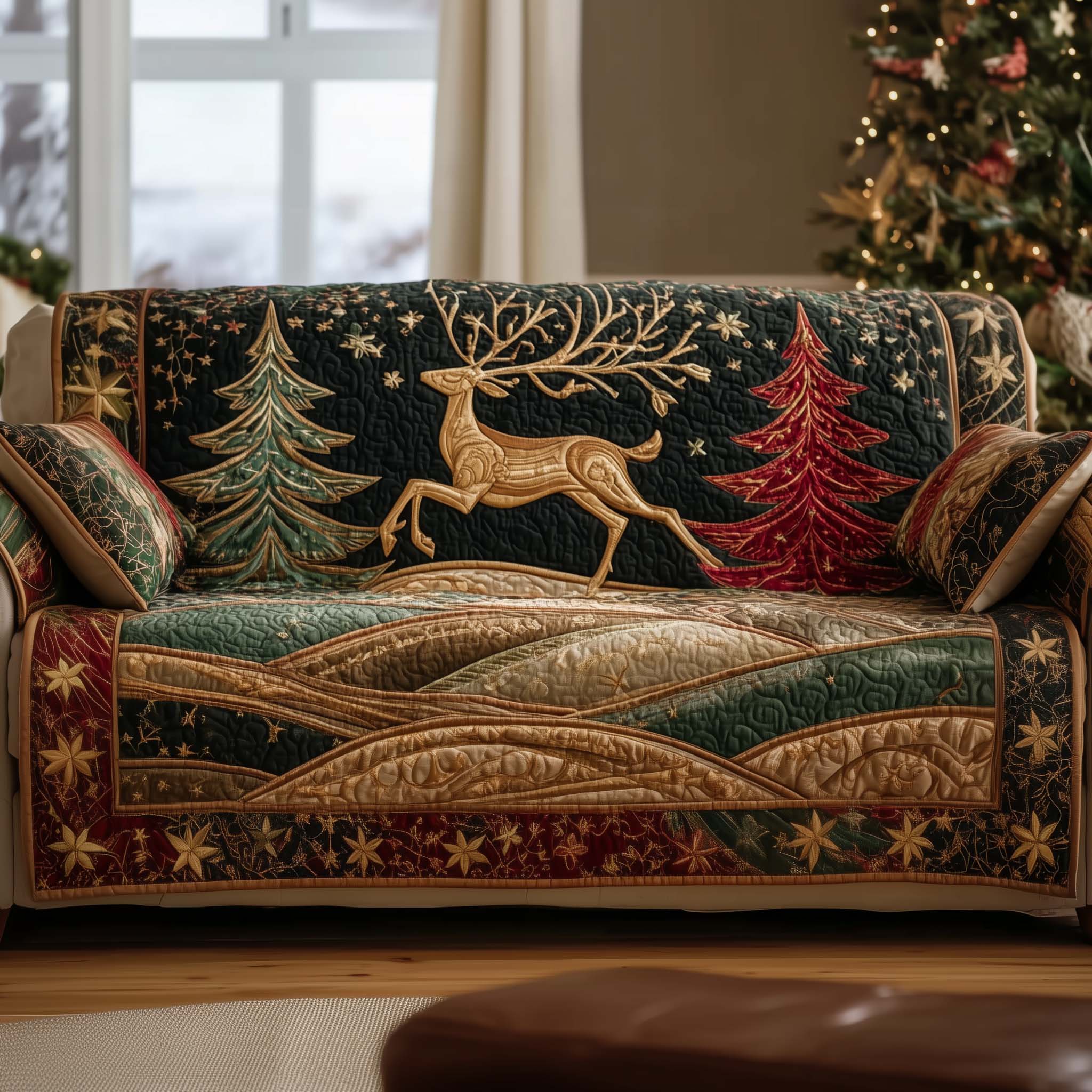 Deer Silhouette Quilted Sofa Cover Wildlife Home Couch Cover Interior Design Gift Ideas - Tradiviet