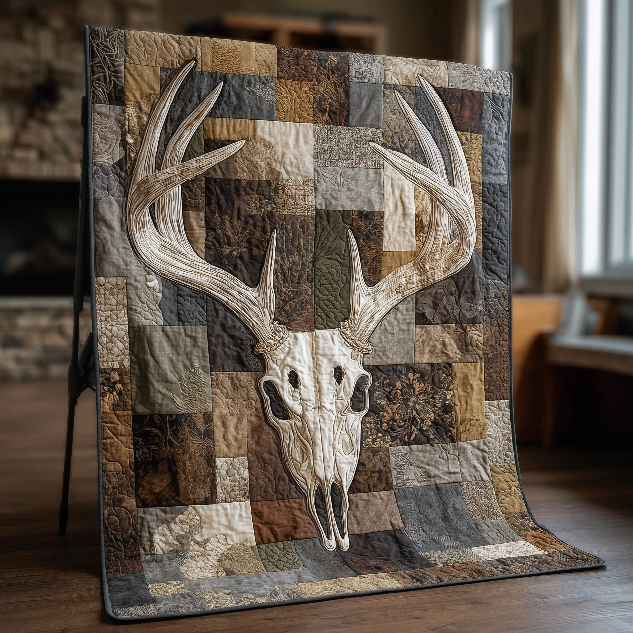 Deer Skull Patchwork Quilted Blanket Deer Serenity Throw Blanket Rustic Gifts - Tradiviet