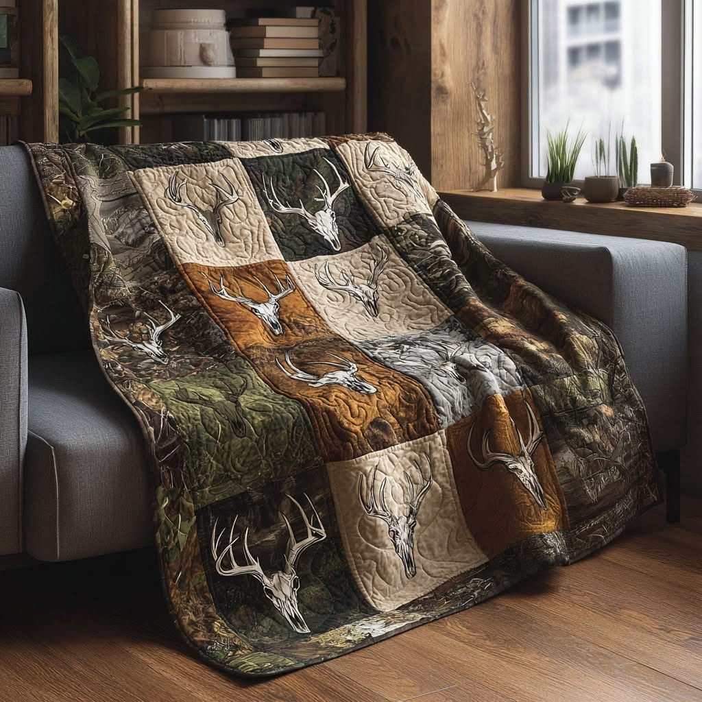Deer Skull Trailblazer Spirit Quilted Blanket Rustic Cozy Blanket Gift For Deer Hunter - Tradiviet