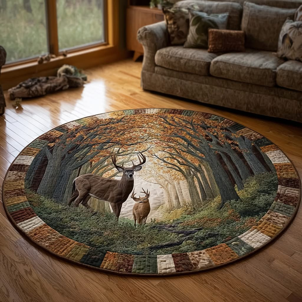 Deer Stag Forest Quilted Round Mat Wildlife Hunting Circle Mat Gift For Deer Hunters - Tradiviet