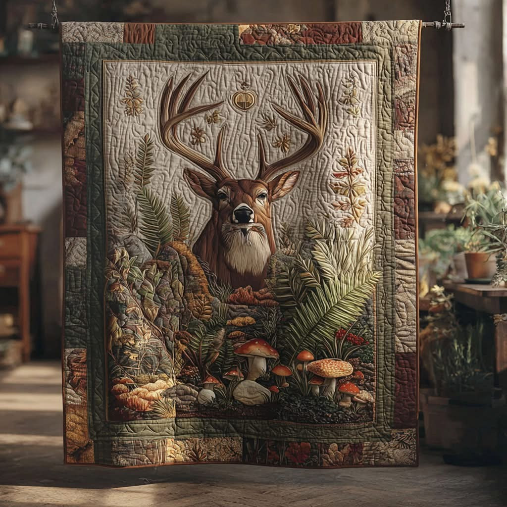 Deer Wilderness Crown Quilted Blanket Rustic Themed Throw Blanket Good Gifts For Deer Hunters - Tradiviet