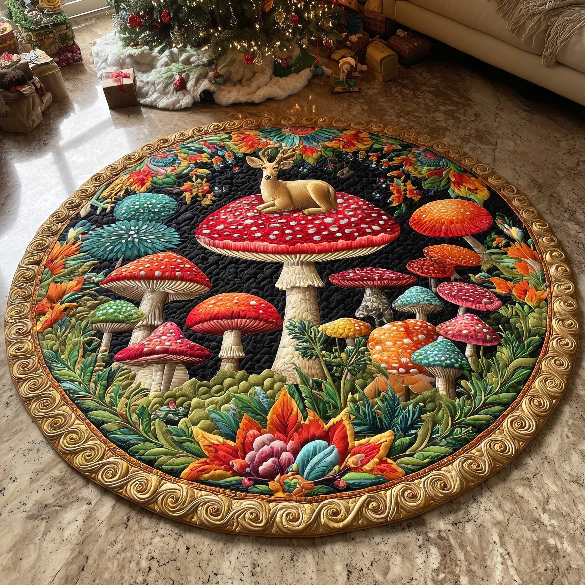 Deer Woodland Magic Quilted Round Mat Colorful Mushroom Round Rug Christmas Home Decor Gifts - Tradiviet