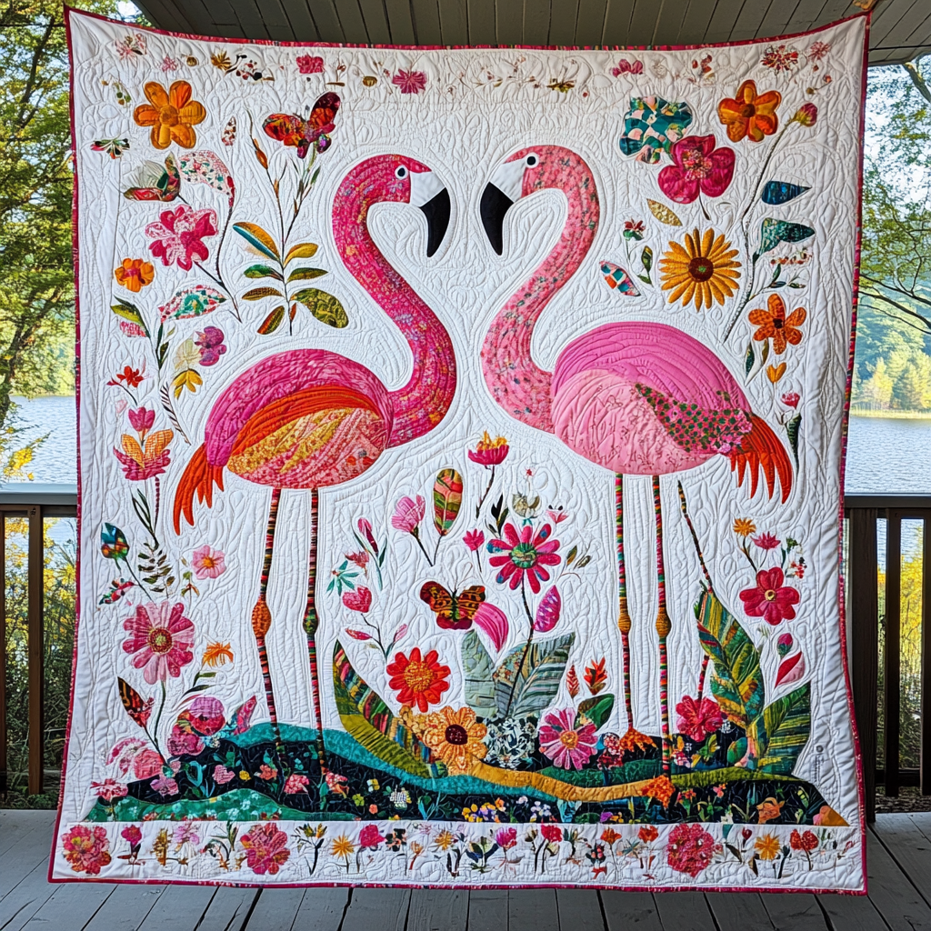 Delightful Cheerful Flamingo Quilted Blanket July 4 Decor Gift For Couple - Tradiviet