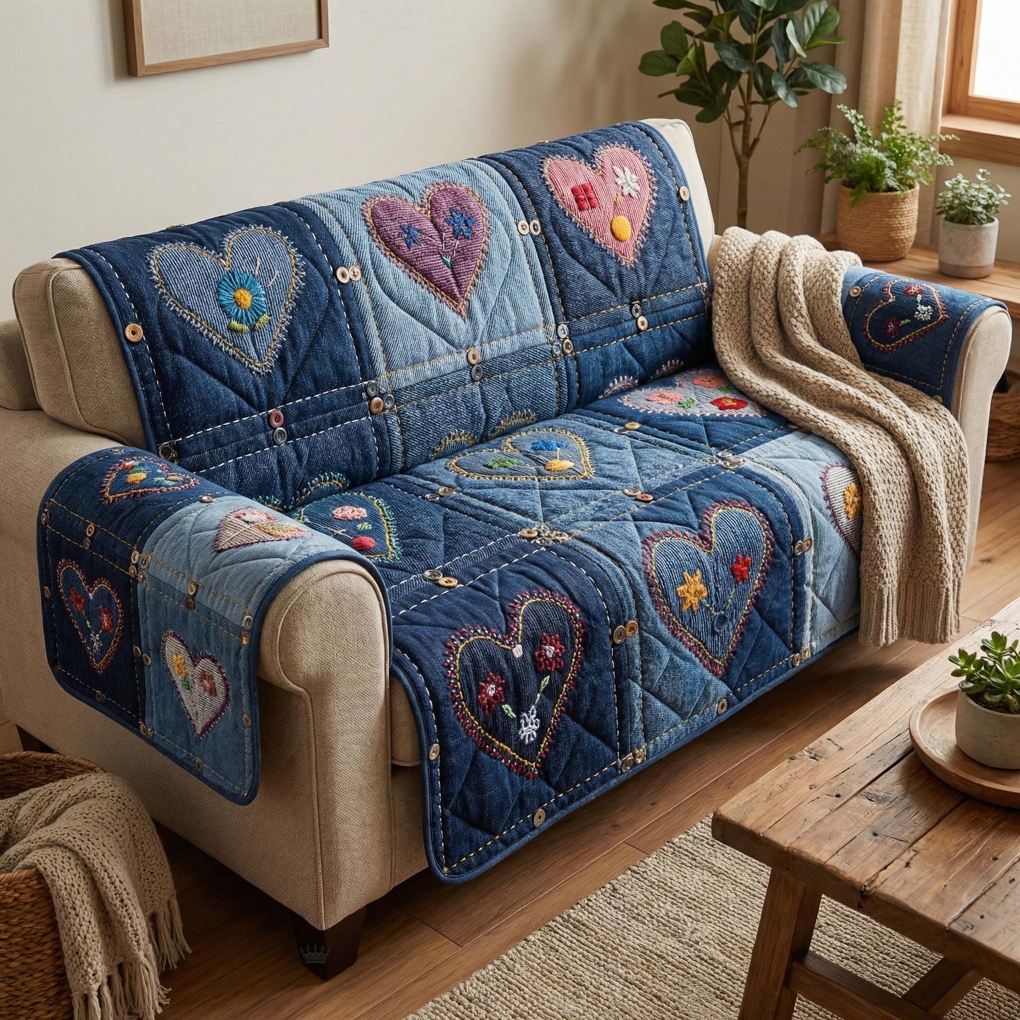 Denim Hearts Quilted Sofa Cover Cozy Home Couch Cover Great Housewarming Gift Ideas - Tradiviet