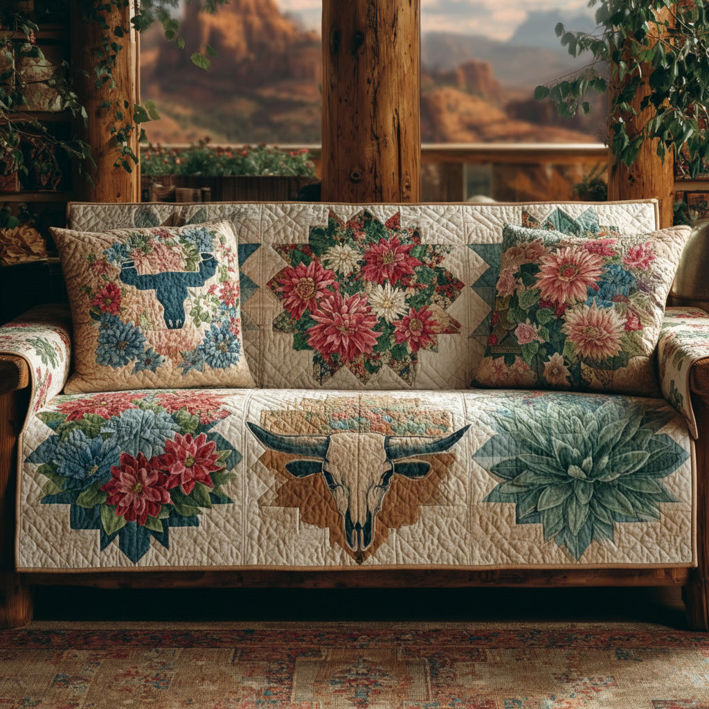 Desert Bloom Longhorn Quilted Sofa Cover Room Decor For Room Unique Home Decor Gifts - Tradiviet
