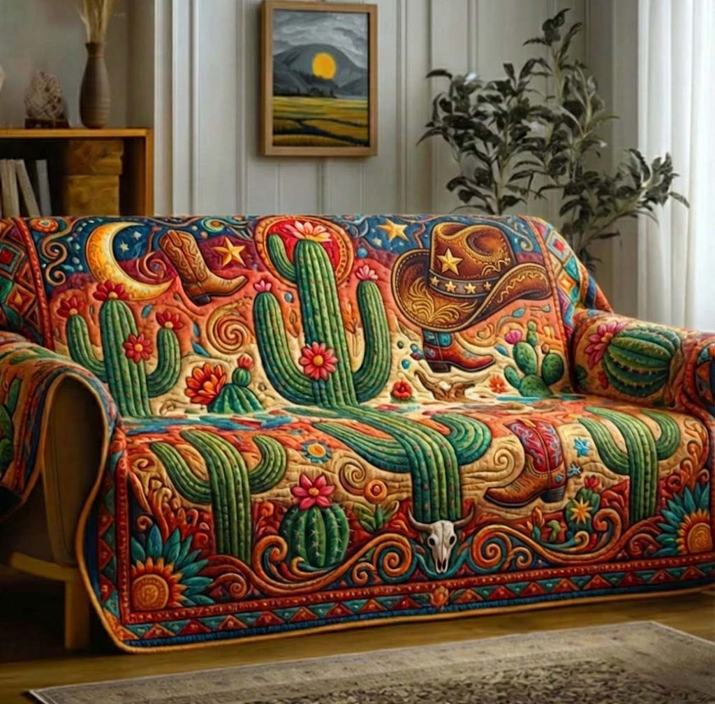 Desert Cactus Quilted Sofa Cover Southwest Home Couch Cover Room Gift For Him - Tradiviet