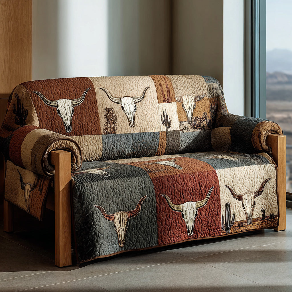 Desert Canyon Longhorn Quilted Sofa Cover Shelf Room Decor Present For New Home - Tradiviet