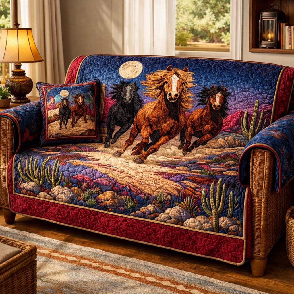 Desert Moon Gallop Quilted Sofa Cover Western Home Couch Cover Room Gift For Him - Tradiviet