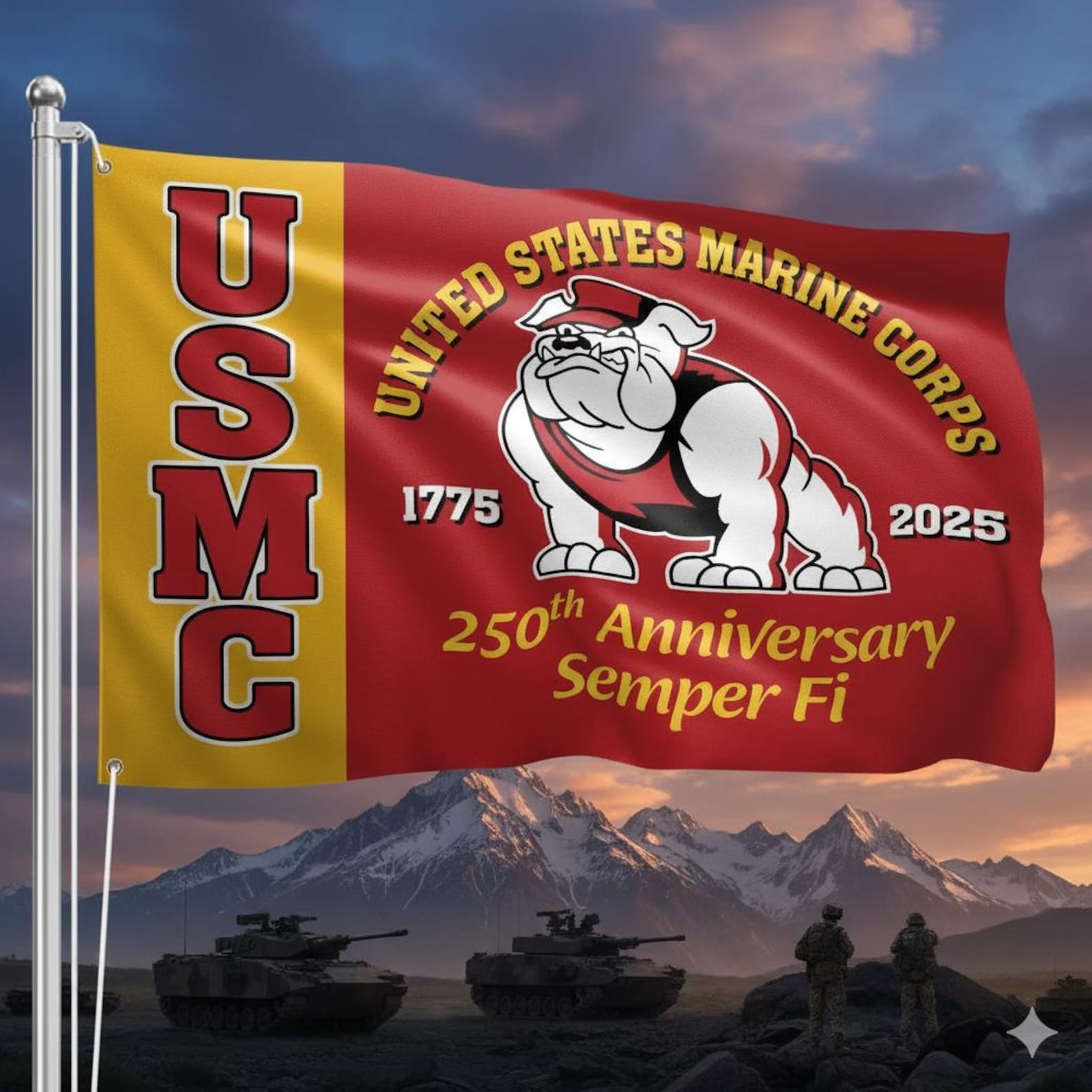 Devil Dog USMC Flag US Marine Corps 250th Anniversary Semper Fi Patriotic 2025 Veteran Gifts - Tradiviet