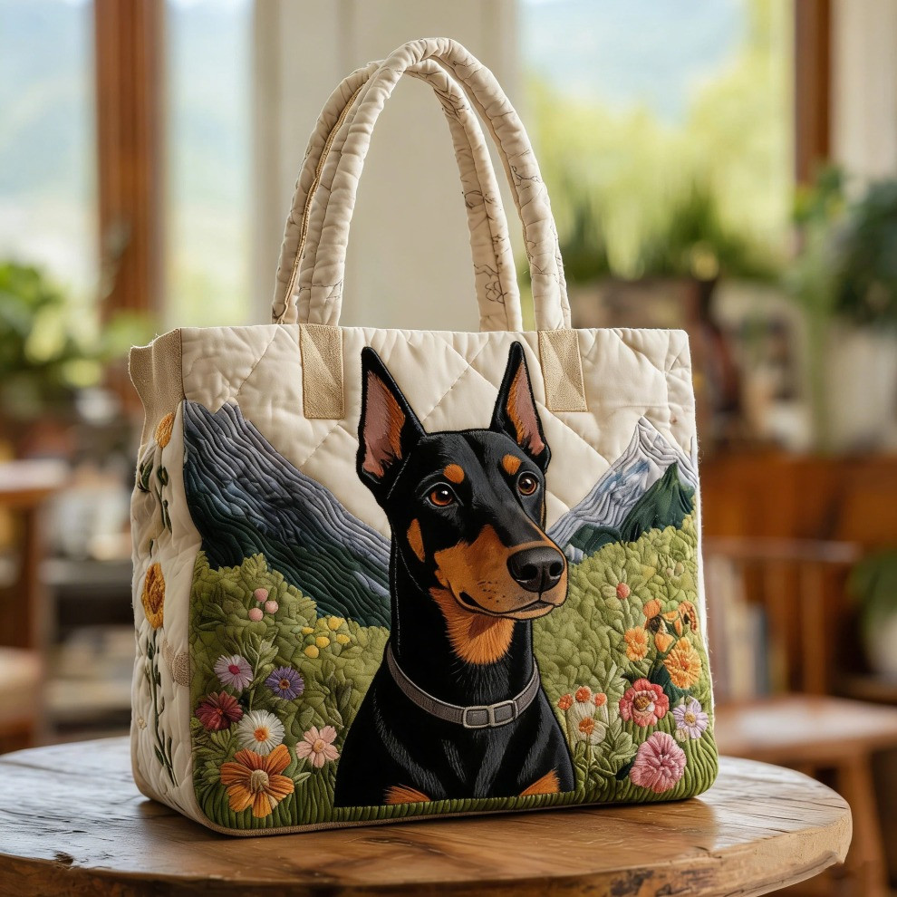 Doberman Quilted Tote Bag Spring Floral Dog Tote Bag Best Gifts For Doberman Lovers - Tradiviet