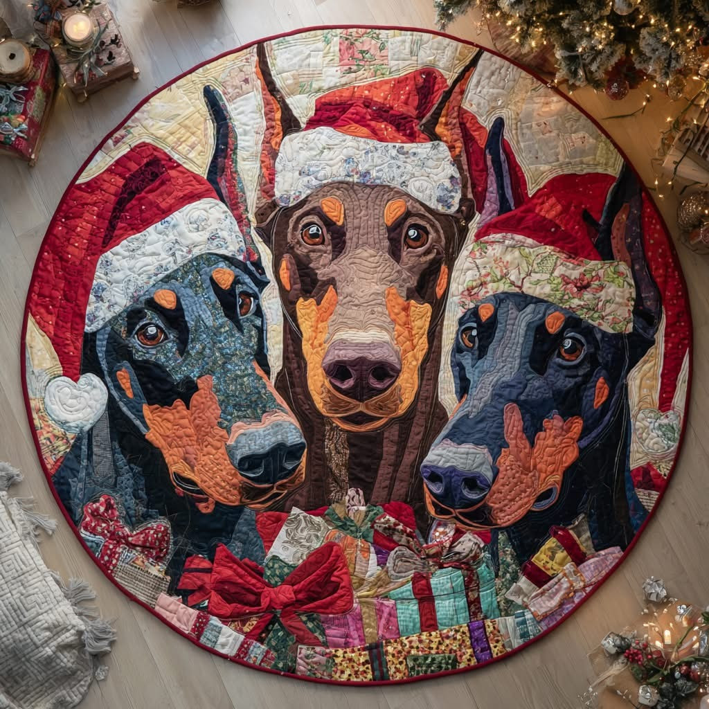 Doberman Santa Christmas Quilted Round Mat Winter Holiday Home Decor Gifts For Dog Lovers - Tradiviet