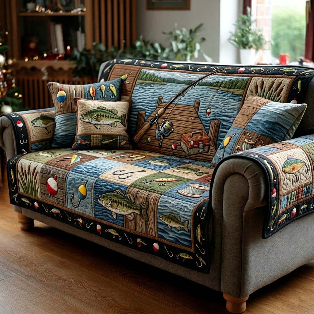 Dockside Fishing Moment Quilted Sofa Cover Lakeside Home Couch Cover Cool Room Decor Gifts - Tradiviet