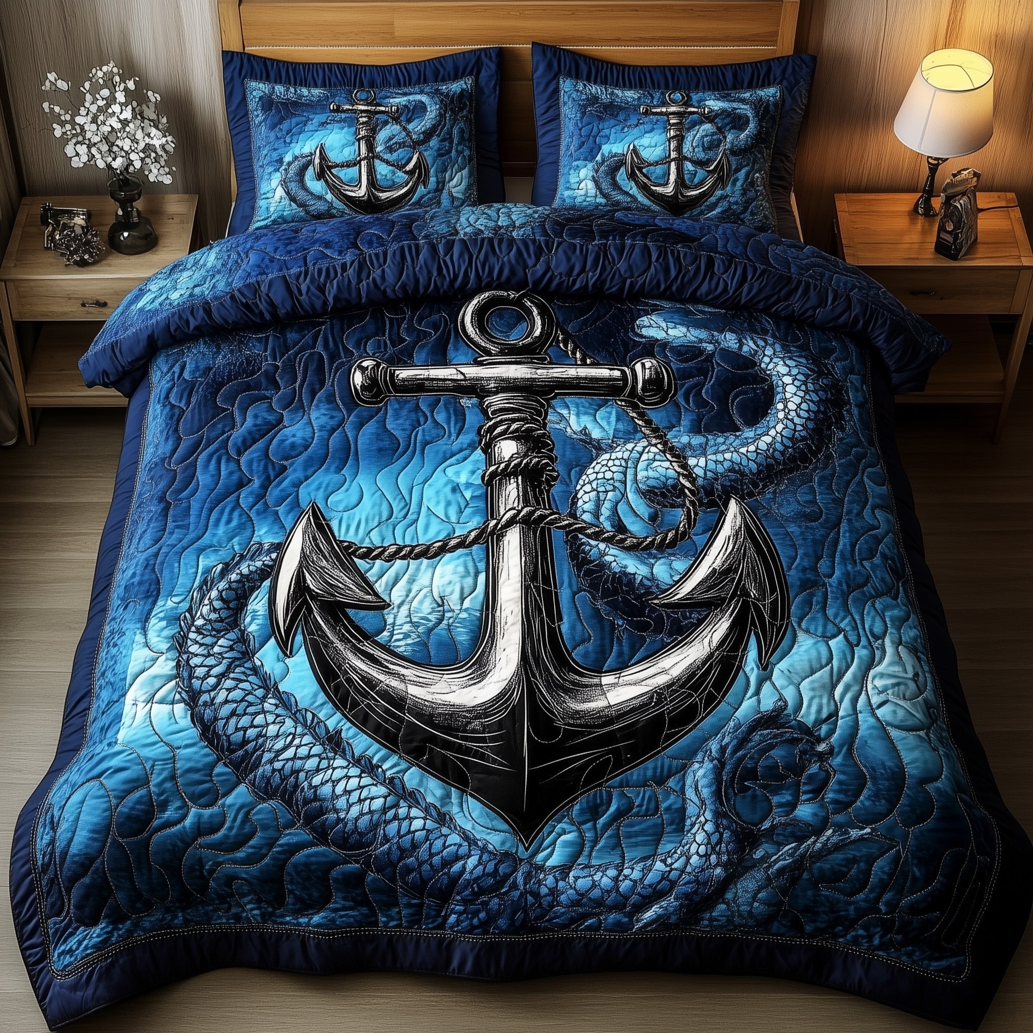 Dragon Anchor Quilted Bedding Set Dragon Anchor Homeware Gift For Dragon Fans - Tradiviet