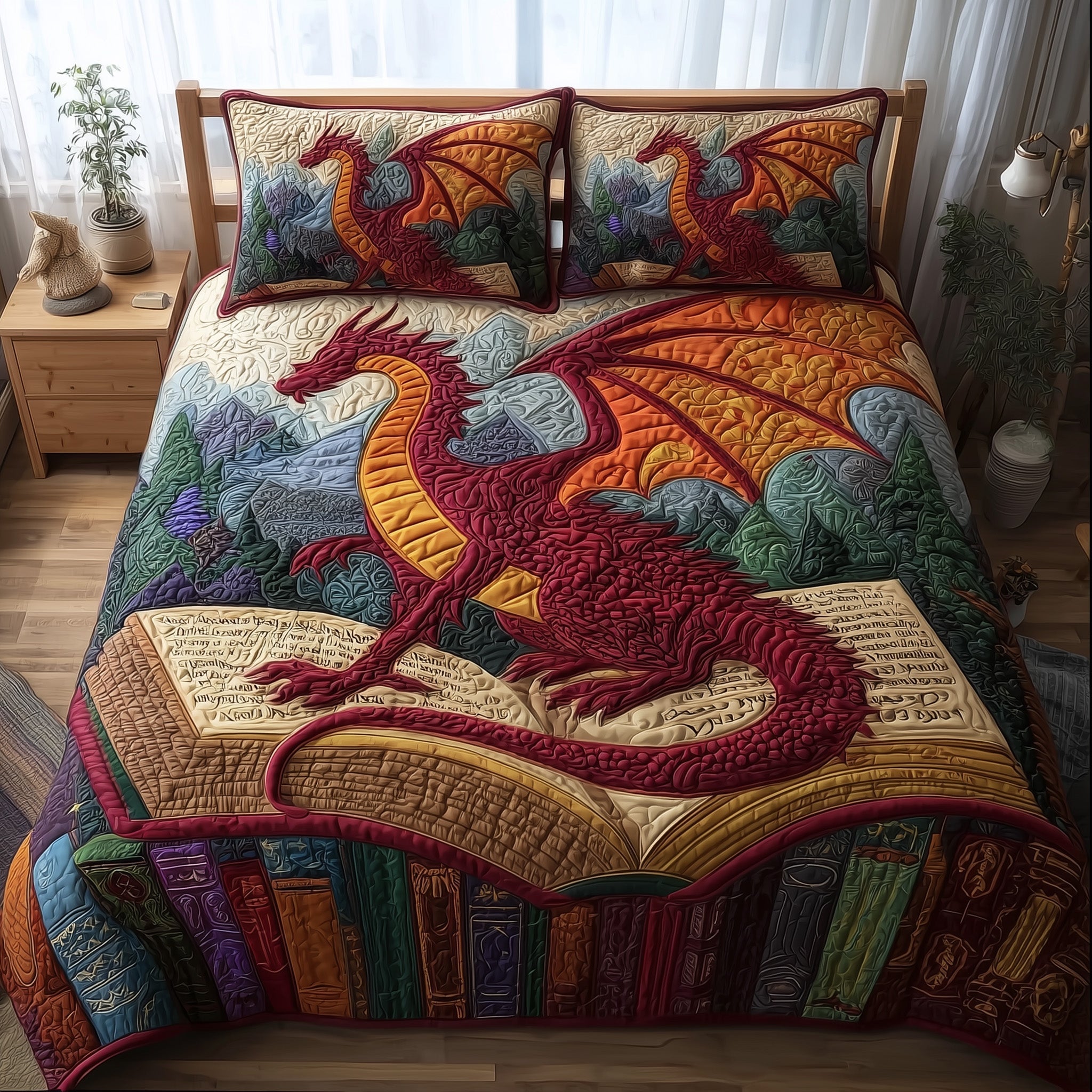 Dragon And Book Quilted Bedding Set Dragon Book Cozy Gift For Dragon Book - Tradiviet