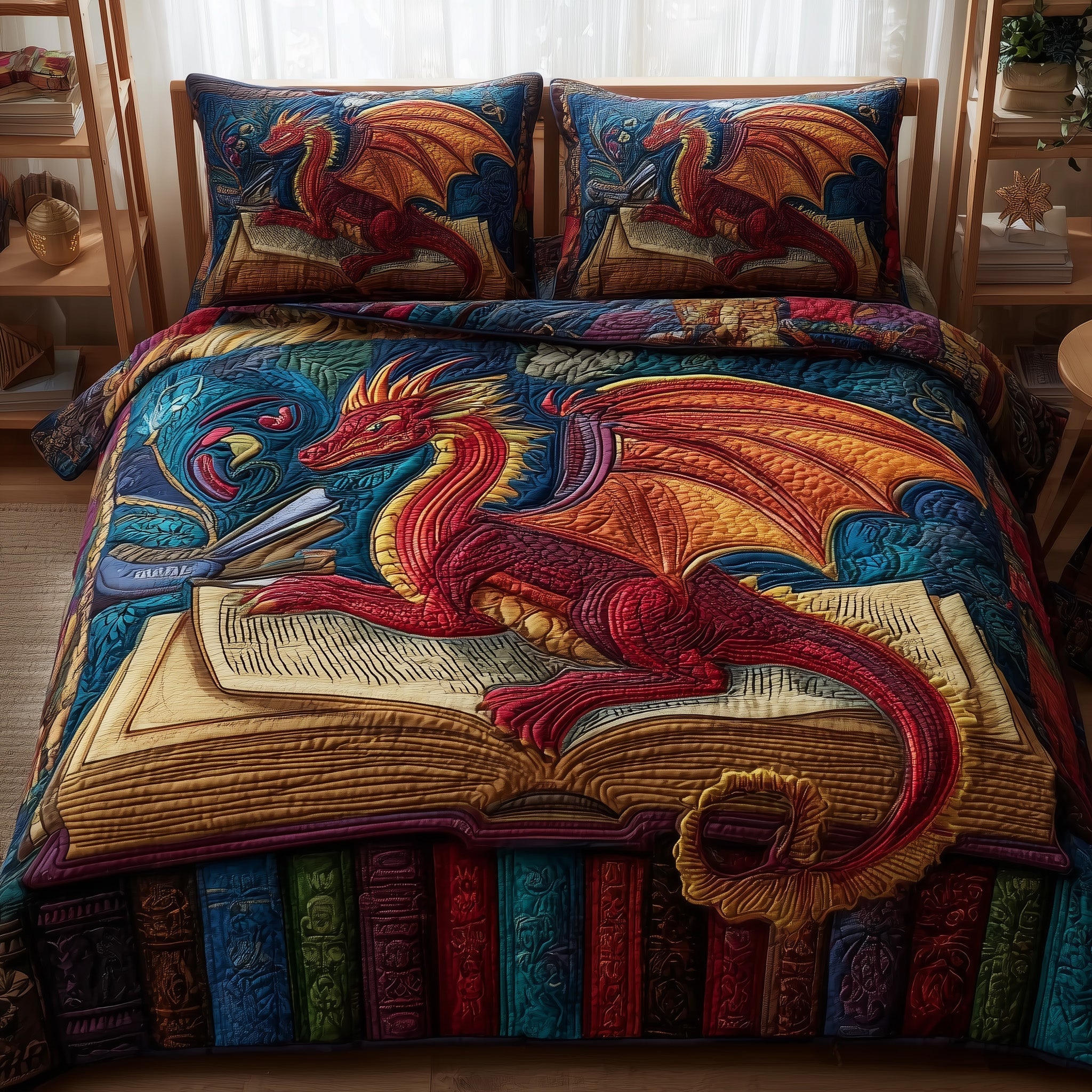 Dragon And Books Quilted Bedding Set Dragon Books Vintage Gift For Dragon Books - Tradiviet
