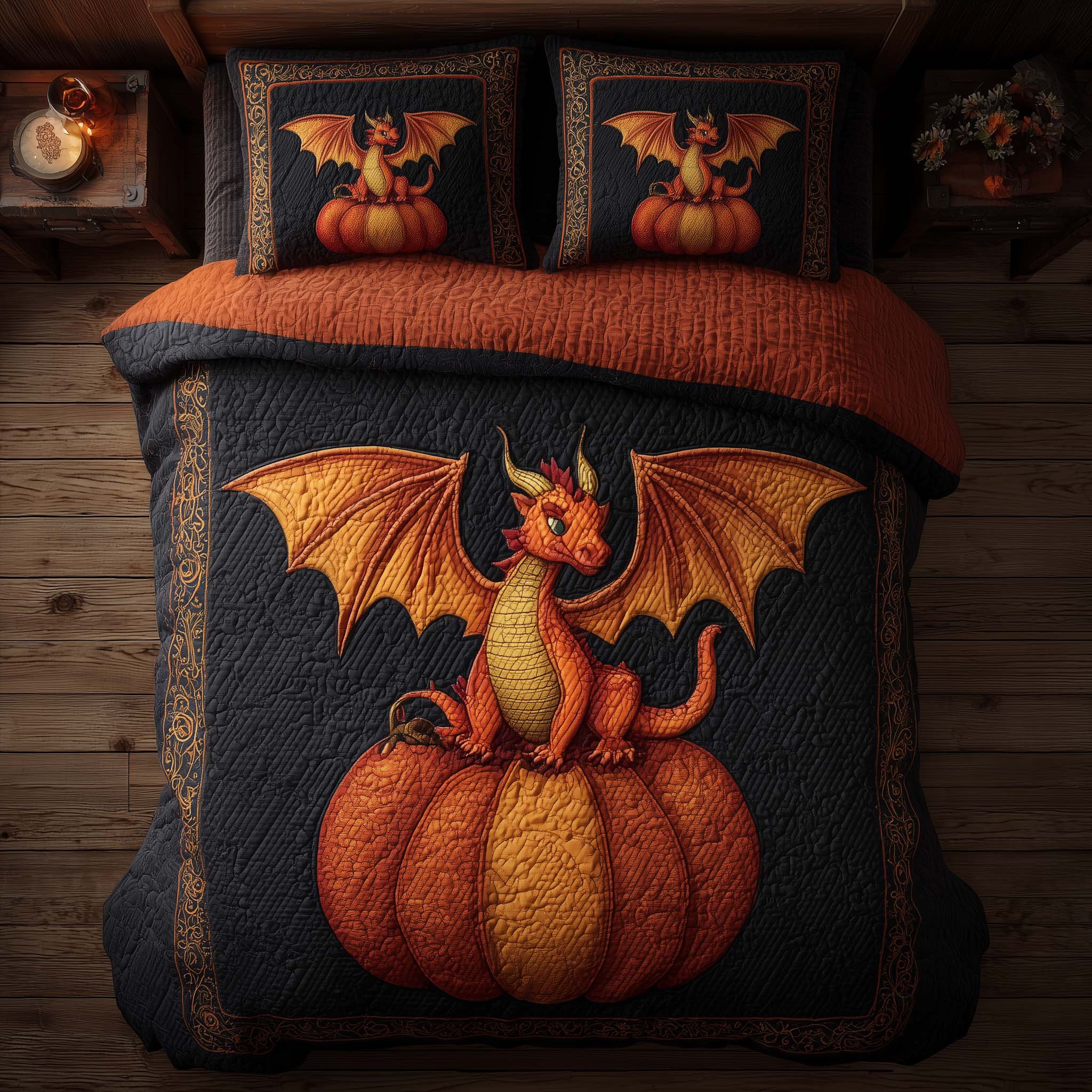 Dragon Pumpkin Quilted Bedding Set Dragon Pumpkin Journey Gift For Pumpkin Family - Tradiviet