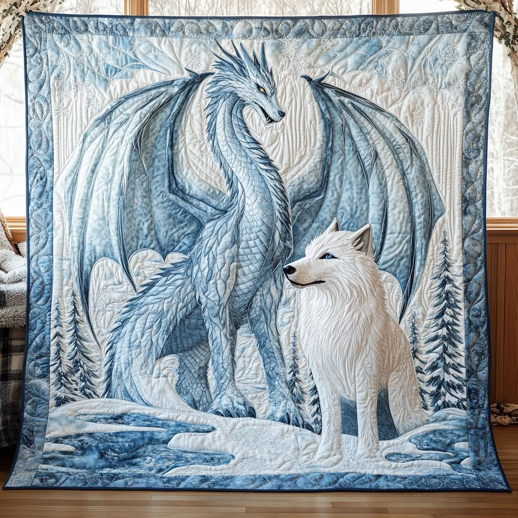 Dragon Wolf Moon Spirit Quilted Blanket Snowy Forest Throw Blanket Gifts For Fantasy Lovers - Tradiviet