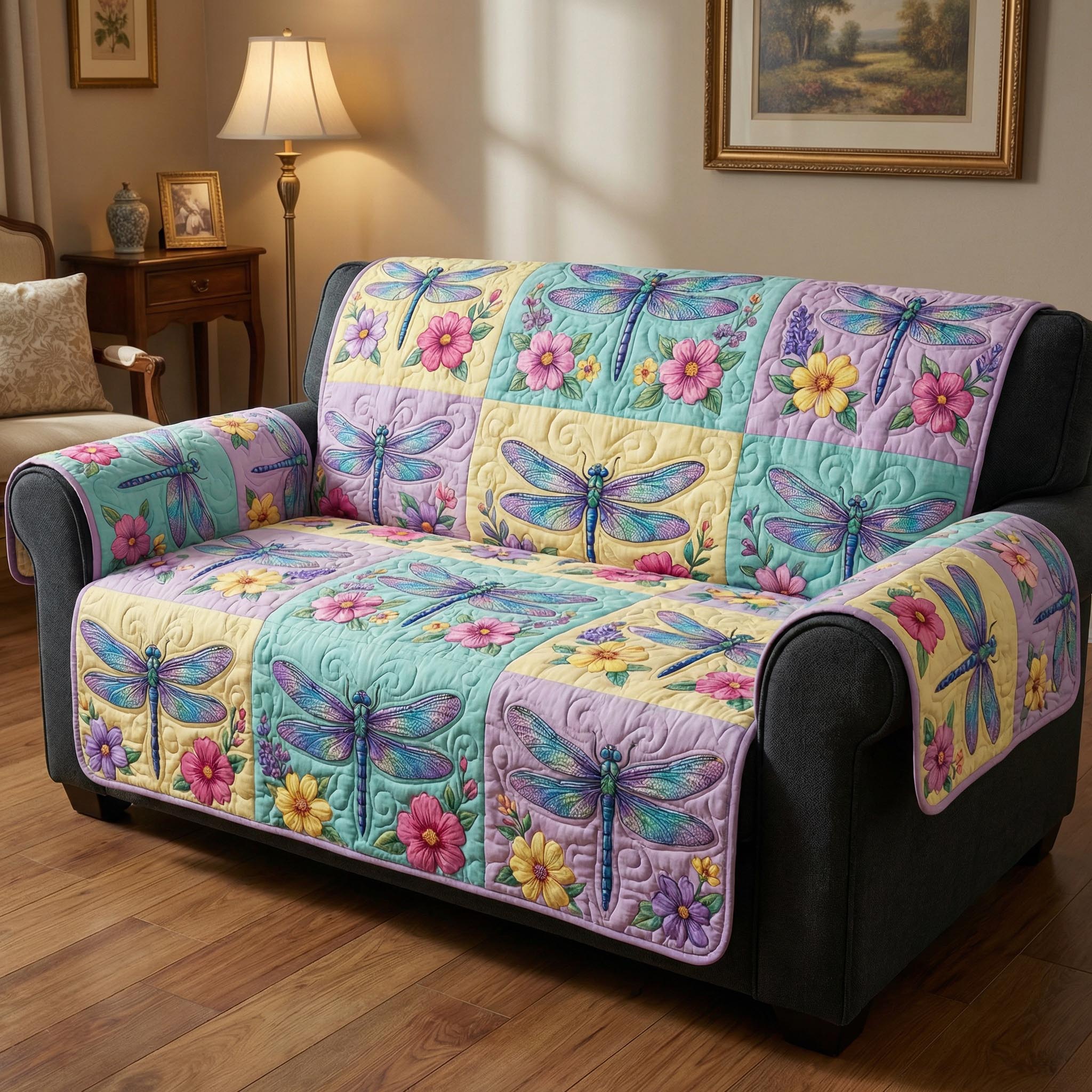 Dragonfly Fields Quilted Sofa Cover Trendy Home Room Decor Dragonfly Gifts For Him - Tradiviet
