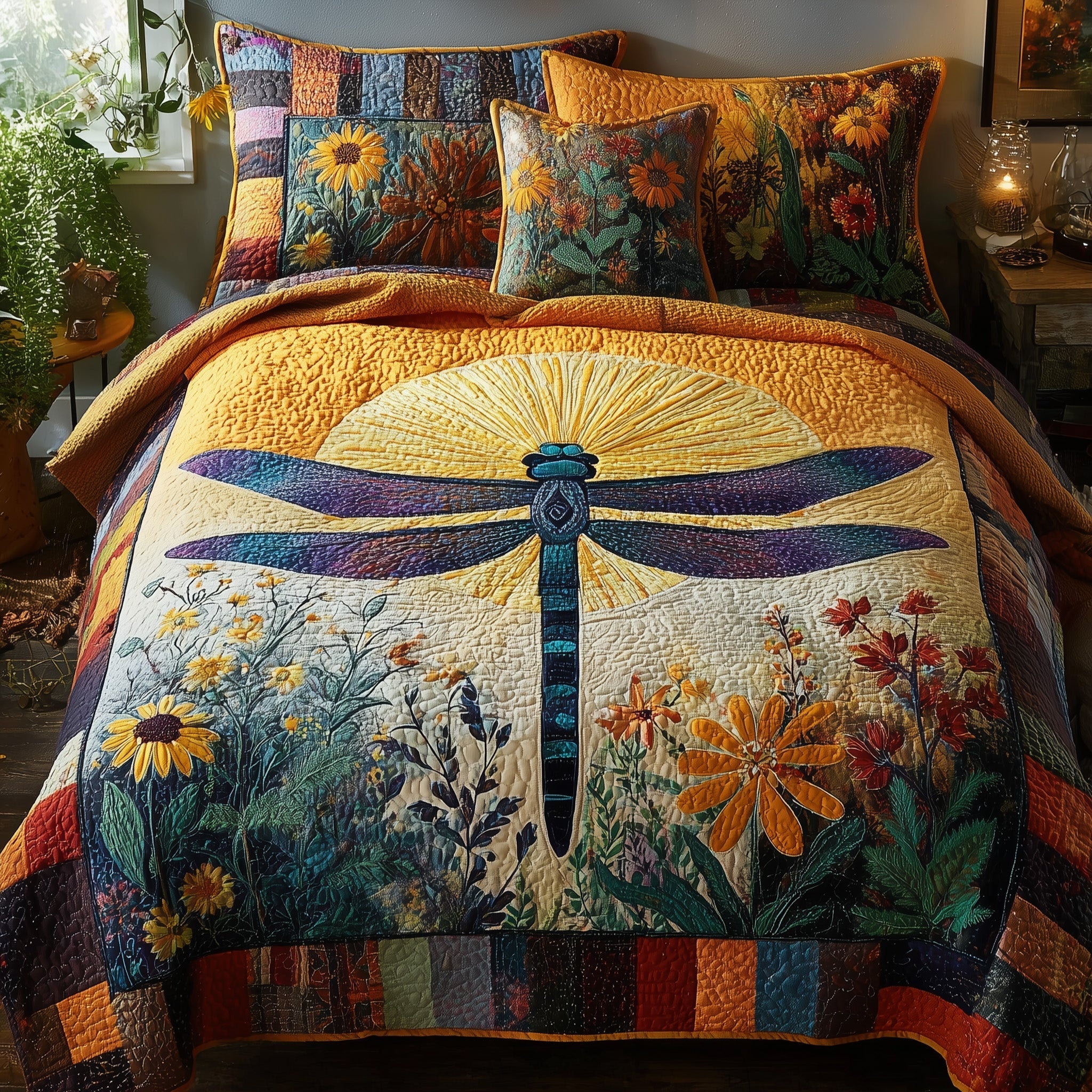 Dragonfly Heaven Quilted Bedding Set Dragonfly Heaven Motif Gift For Dragonfly Heaven - Tradiviet