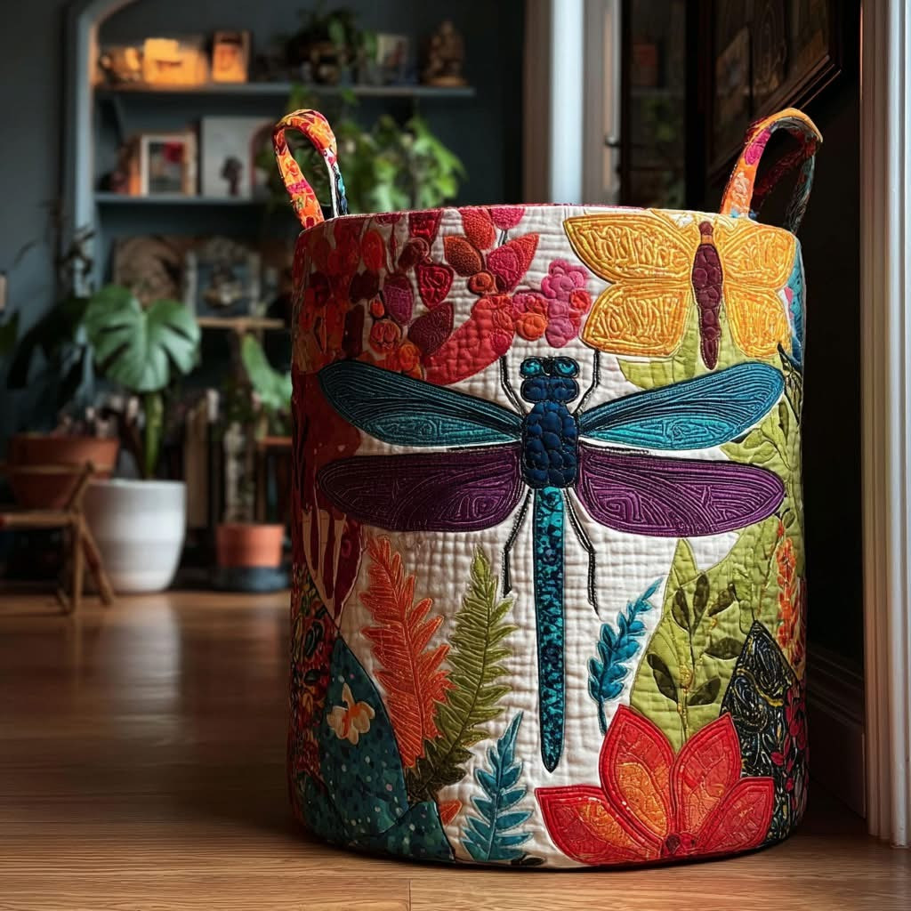 Dragonfly Petalshine Quilted Laundry Basket Fabric Clothes Basket Dragonfly Gift Ideas - Tradiviet