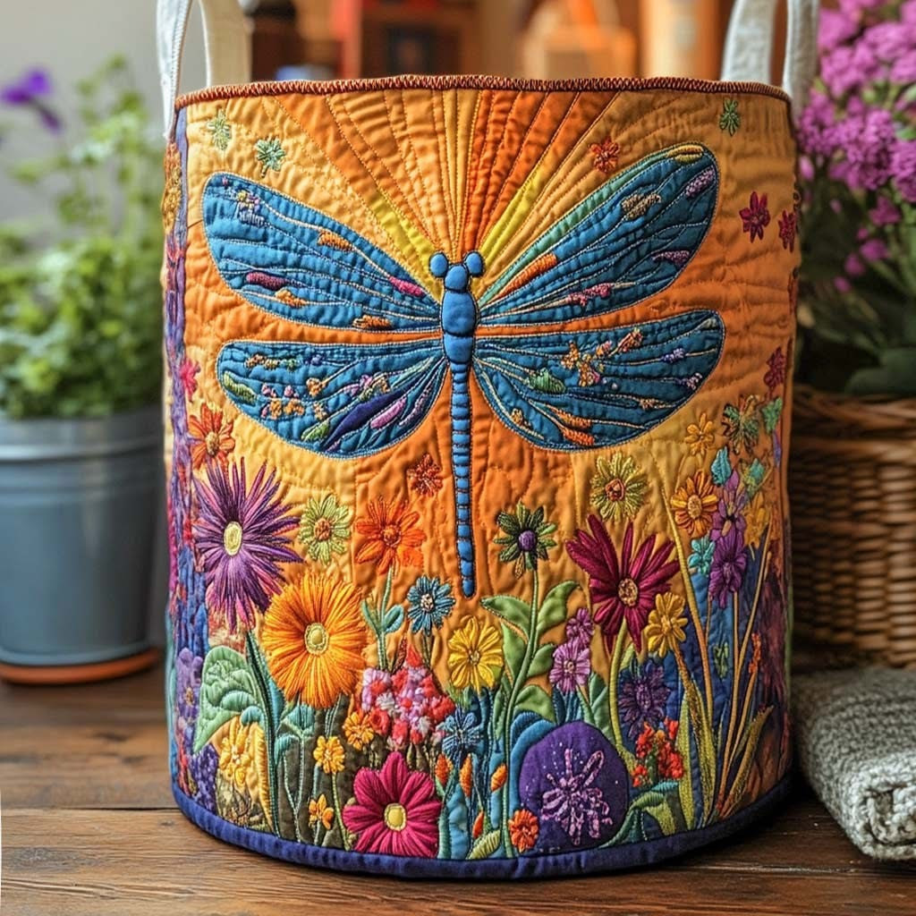 Dragonfly Vibrant Meadow Glow Quilted Laundry Basket Best Laundry Basket Dragonfly Gift Items - Tradiviet