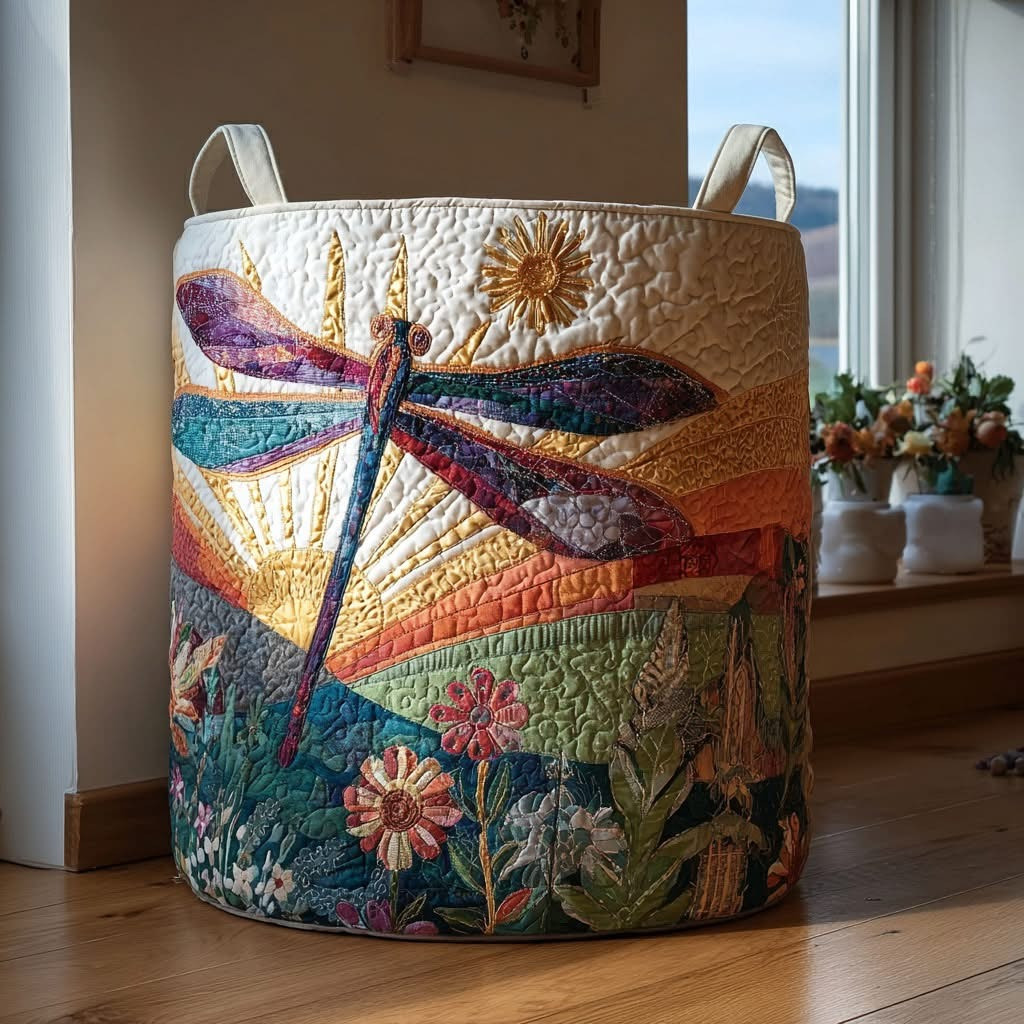 Dragonfly Wildflower Dawn Quilted Laundry Basket Laundry Hamper Dragonfly Gift Ideas - Tradiviet