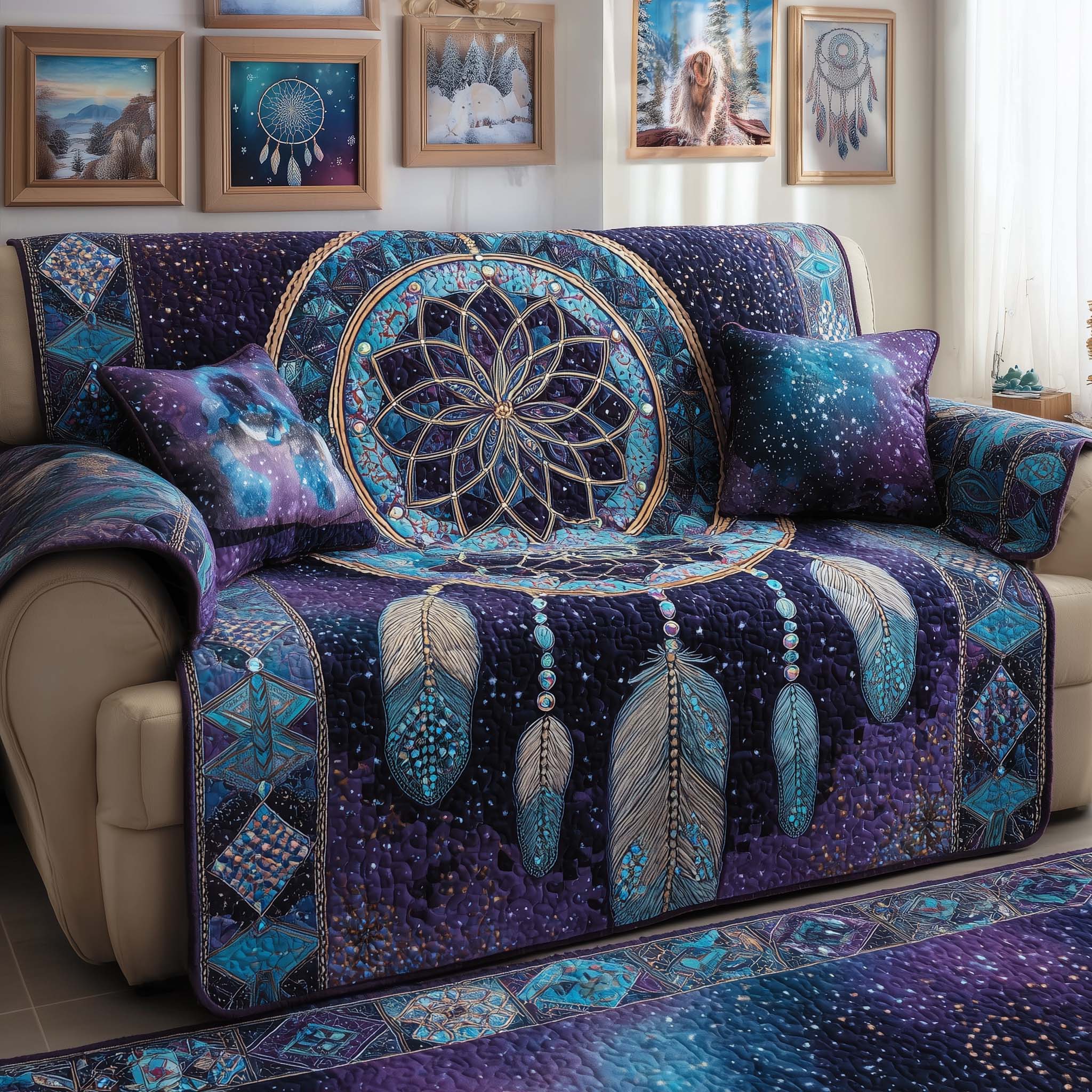 Dreamcatcher Quilted Sofa Cover Tribal Home Couch Cover Bear Boyfriend Gift Ideas - Tradiviet