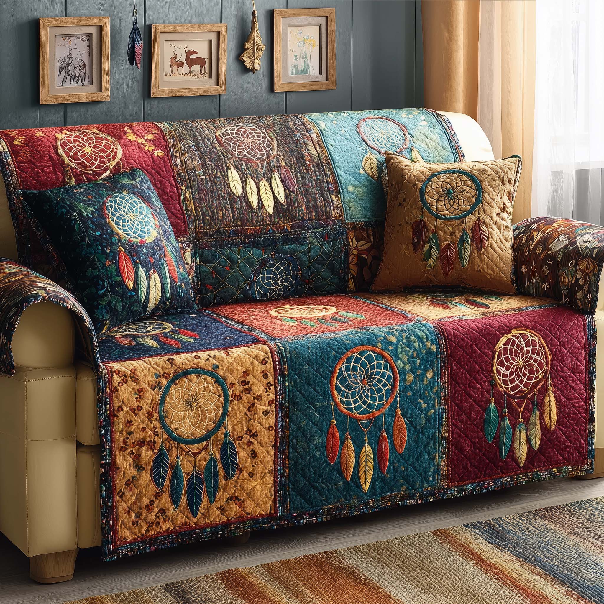 Dreamcatcher Quilted Sofa Cover Tribal Home Couch Cover Home Gift For Him - Tradiviet